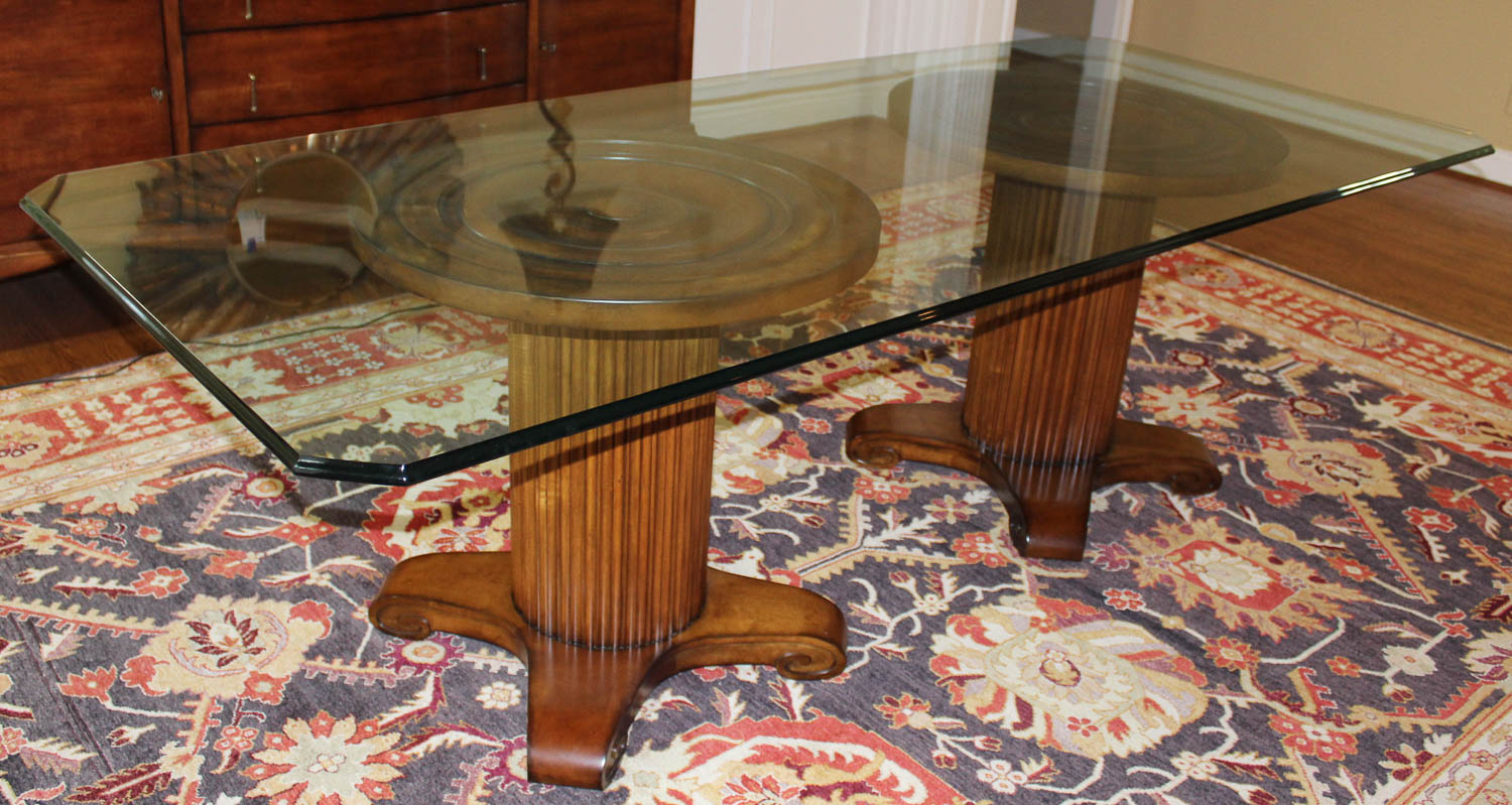 Glass-Top Dining Table With Double Pedestal Base