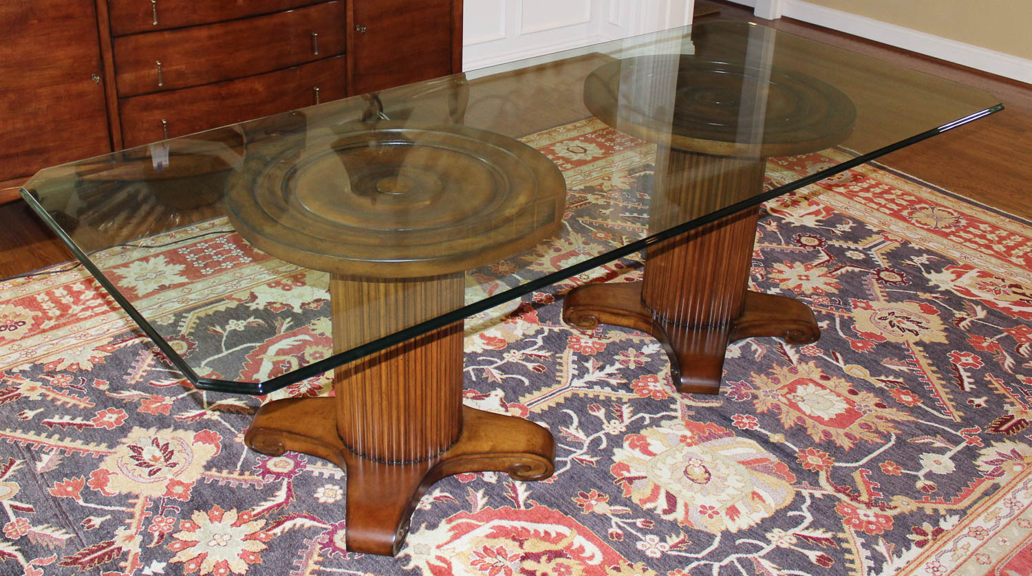 Glass-Top Dining Table With Double Pedestal Base