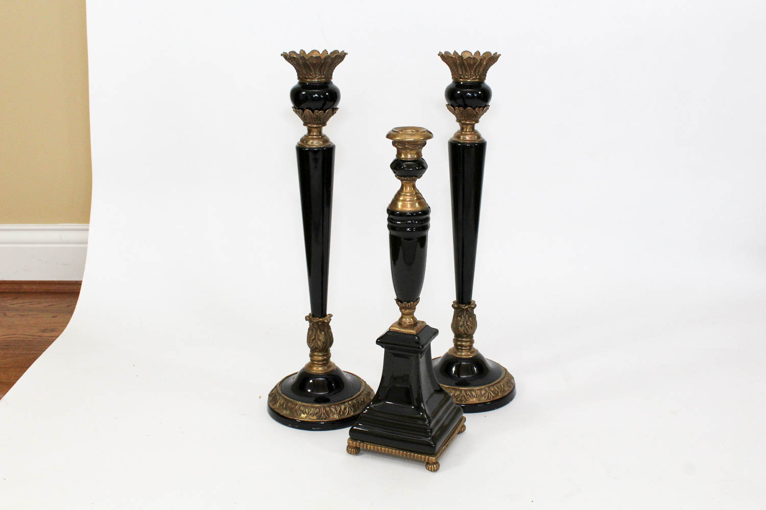 Selection of Black and Brass Candlesticks