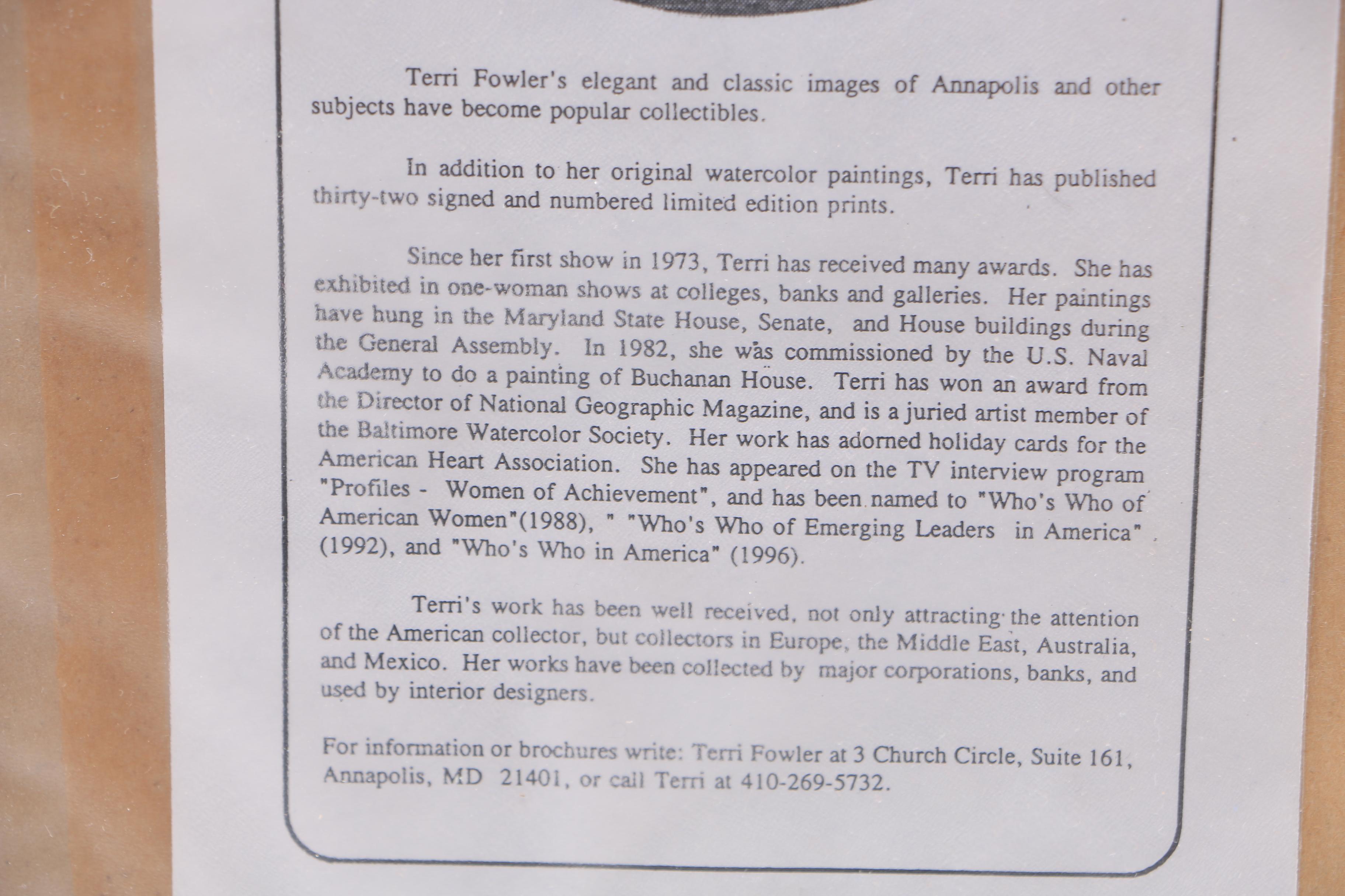 Terri Fowler Limited Edition Offset Lithograph "Naval Academy Chapel"