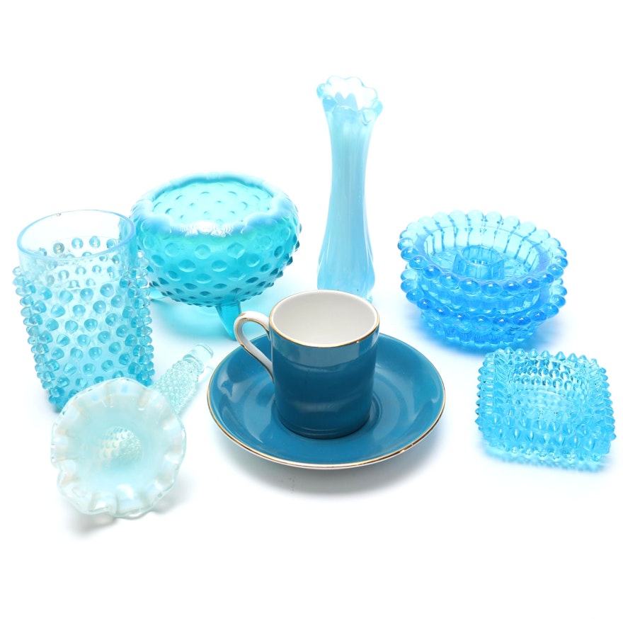 Blue Glassware and Royal Grafton Teacup and Saucer Set
