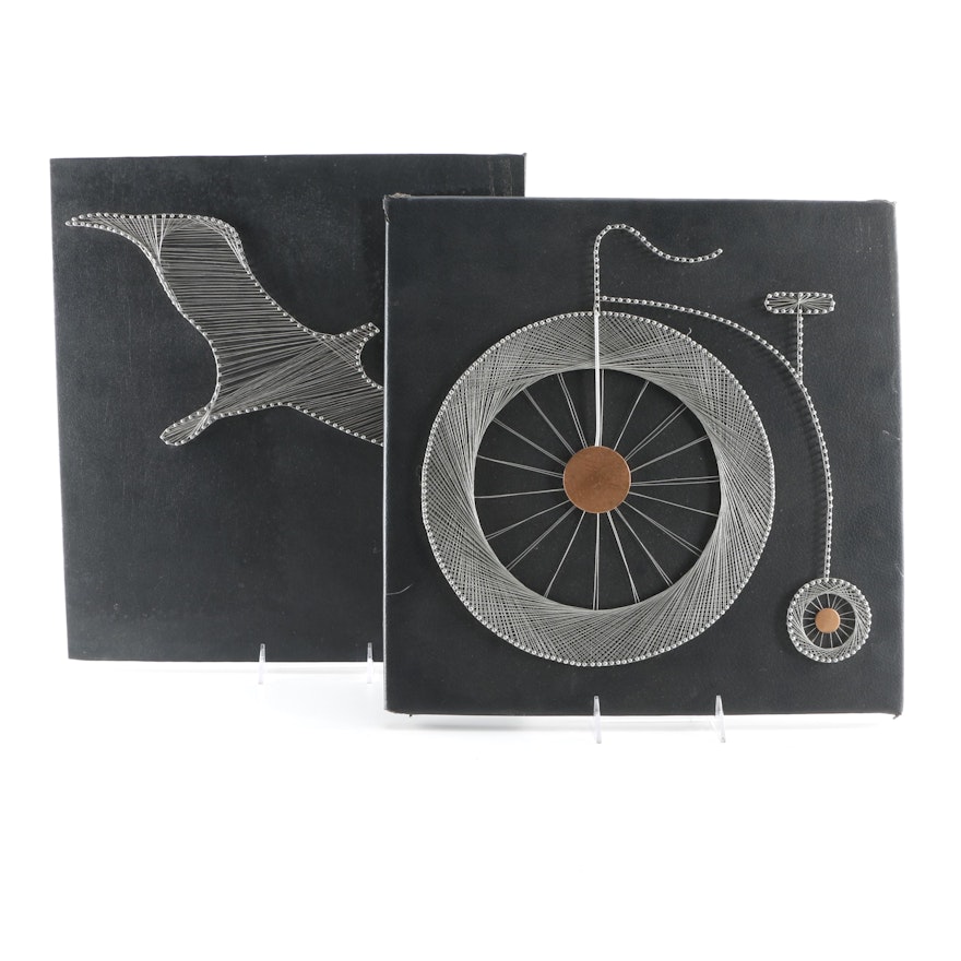 Wire on Leather Canvas of Seagull and Penny-Farthing Bicycle