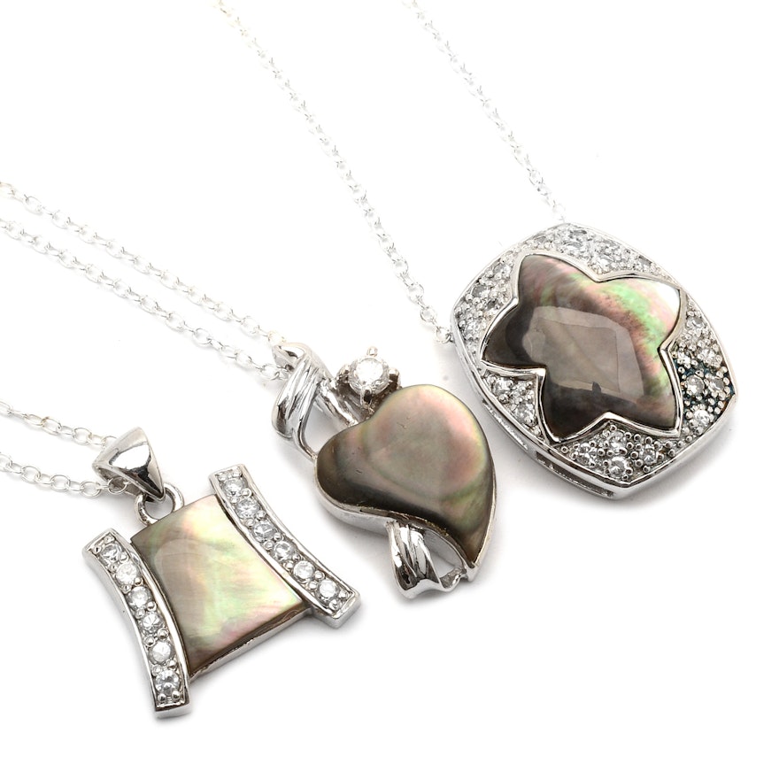Three Sterling Pendant Necklaces with Crystal Accents