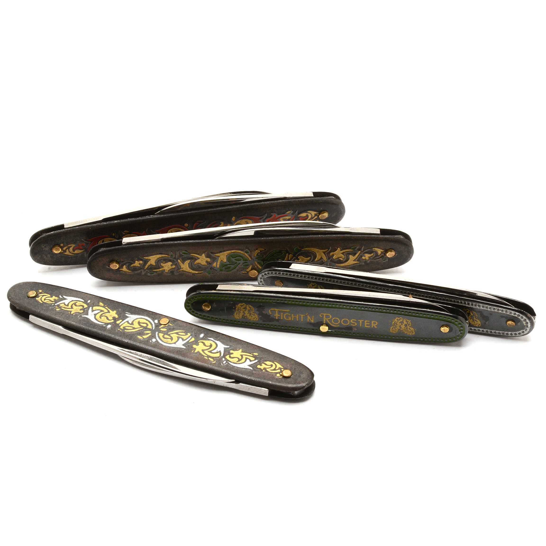 Vintage Fight'N Rooster Painted Metal Stockman Folding Knives