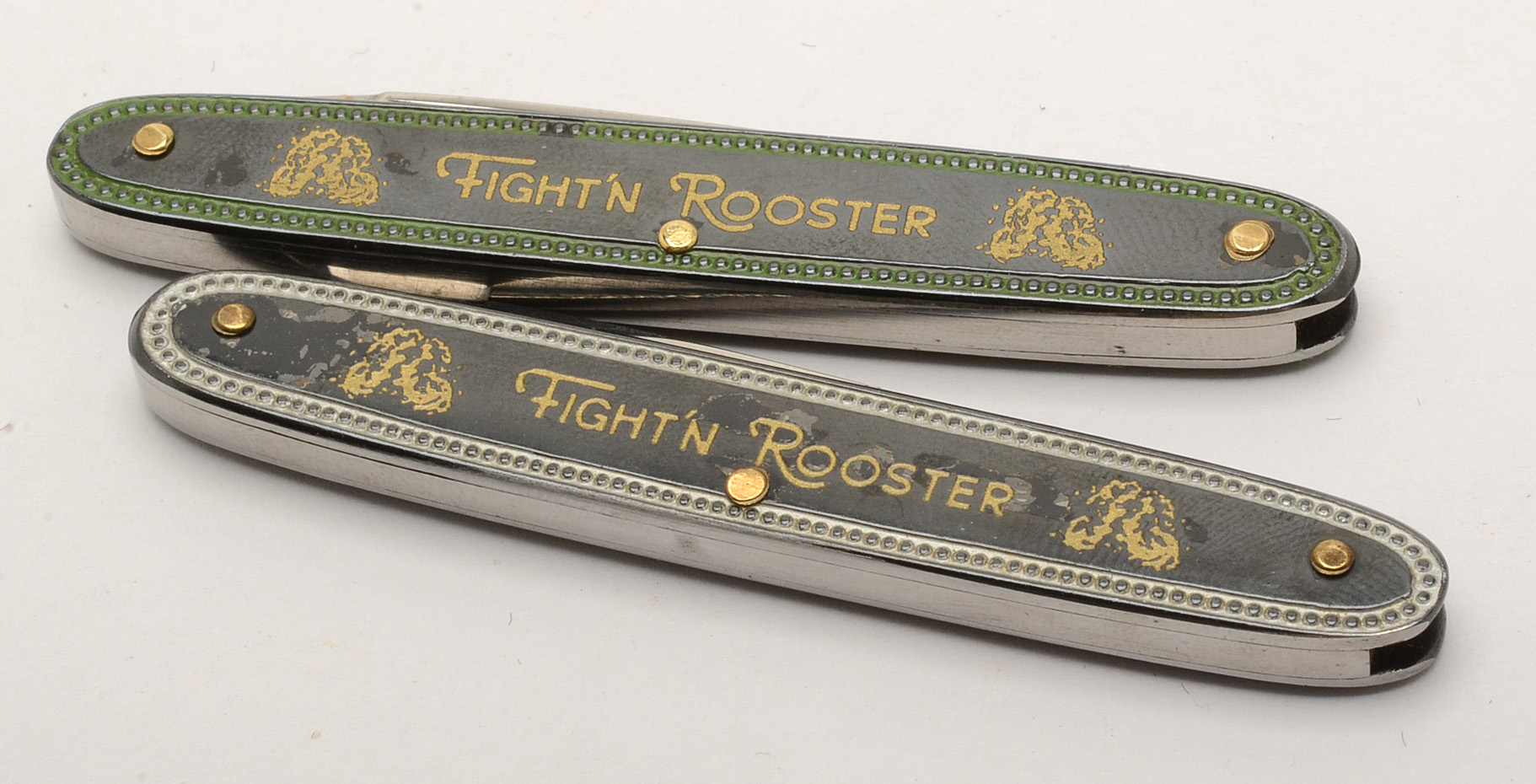 Vintage Fight'N Rooster Painted Metal Stockman Folding Knives