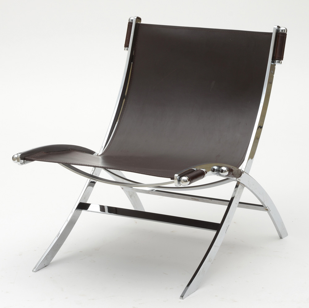 Chrome and Leather Scissor Chair After Paul Tuttle