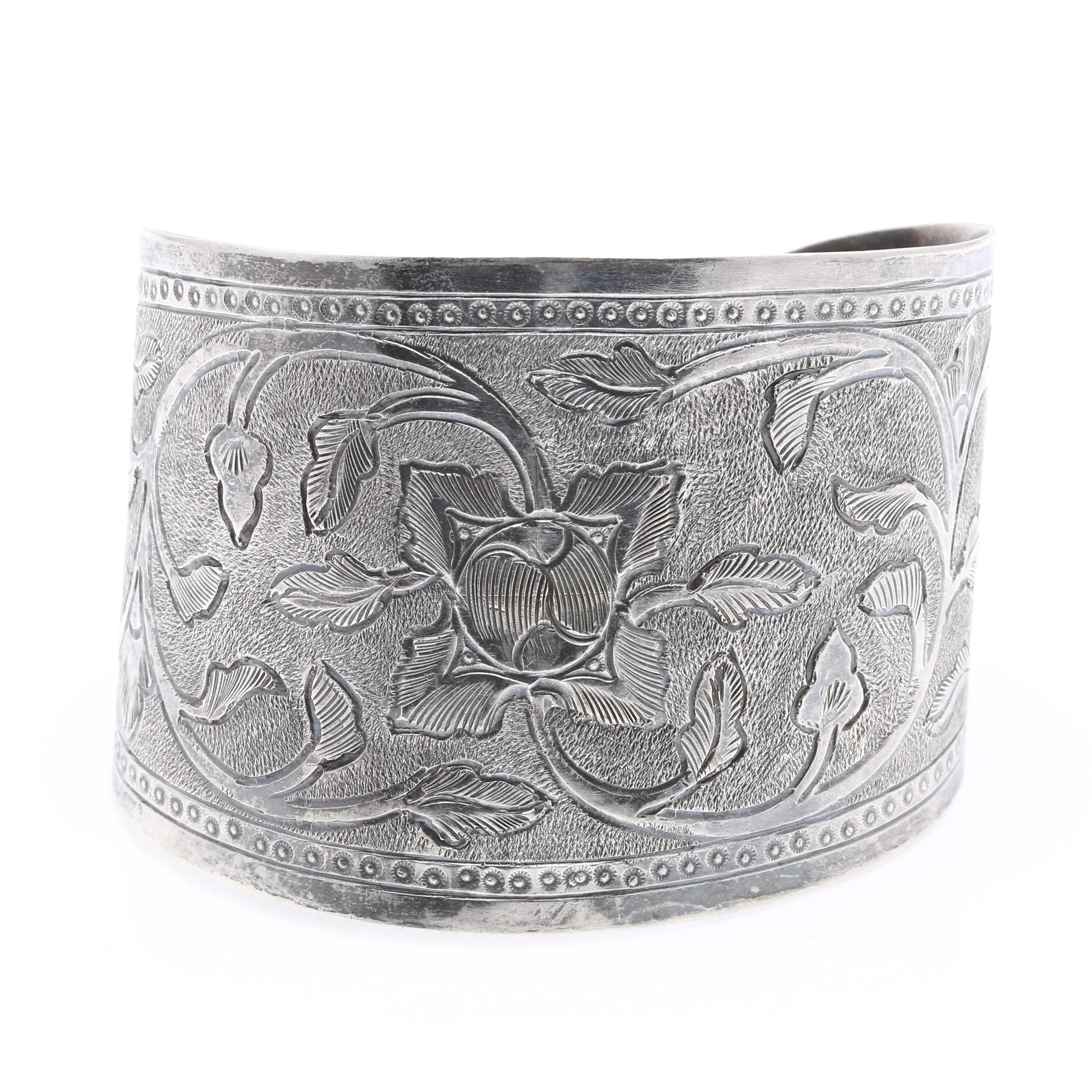 Engraved Sterling Silver Floral Cuff Bracelet