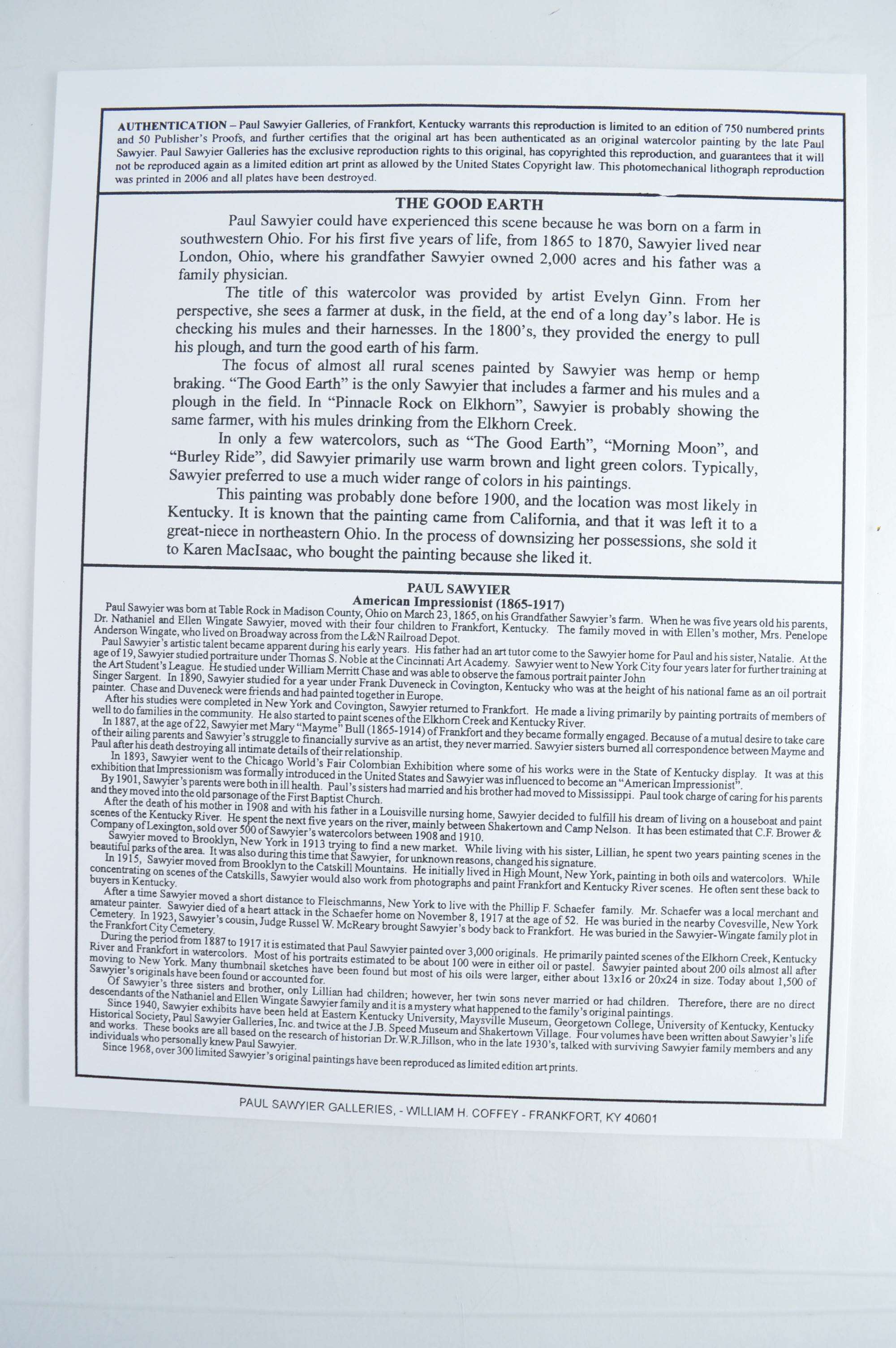 Paul Sawyier Limited Edition Prints "The Good Earth," "Heading Home" and "Berry Pickin'"