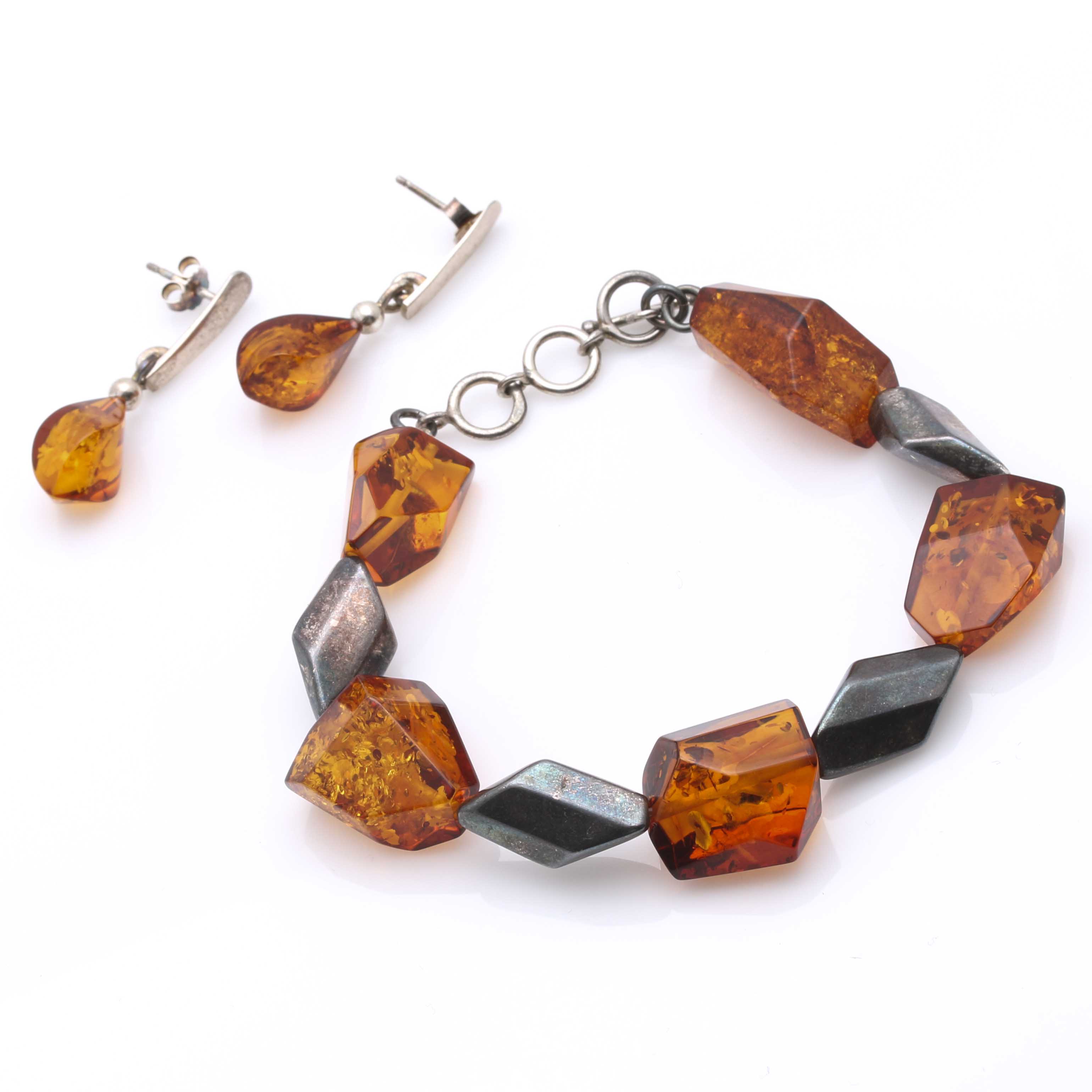 Polish Sterling Silver Amber and Oxidised Sterling Demi Parure