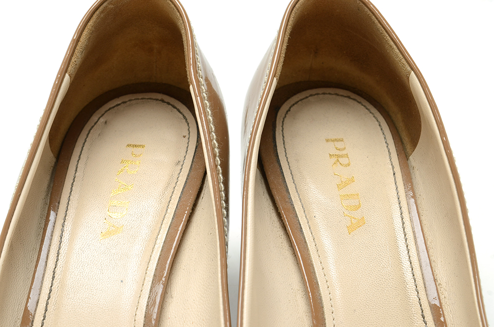 Prada Taupe Patent Pumps