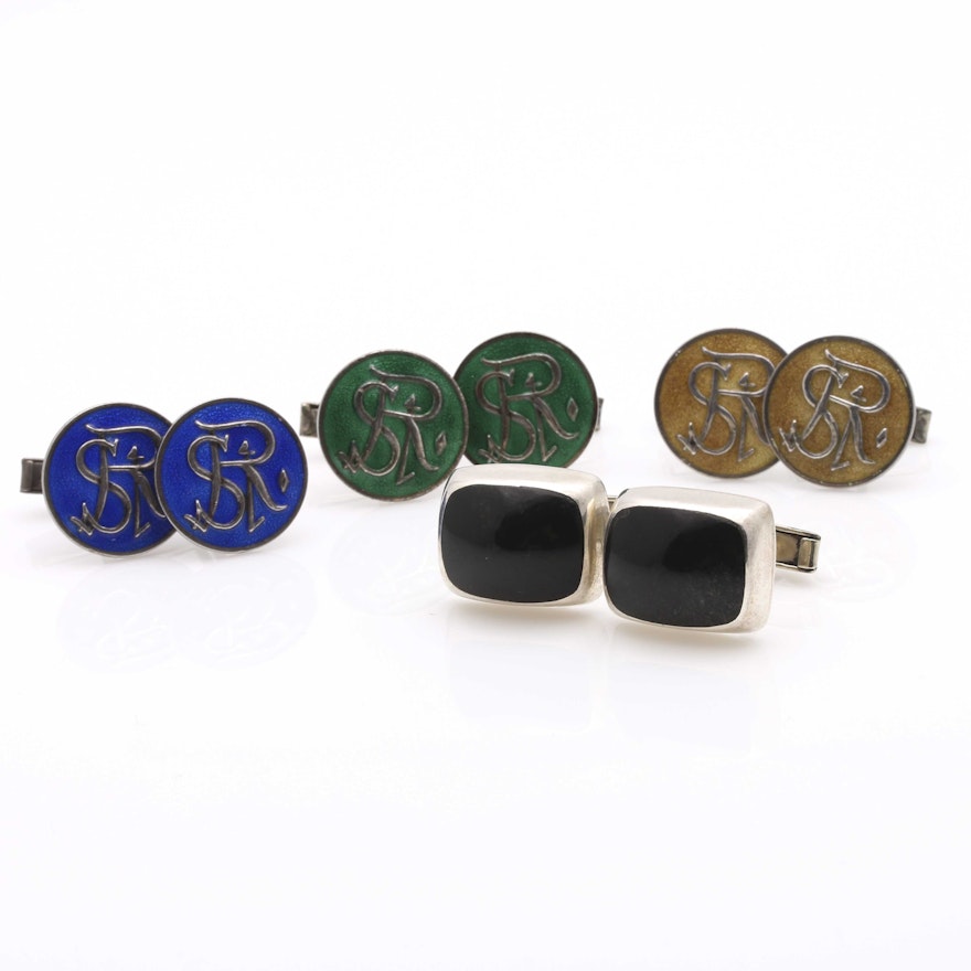 Sterling Silver Onyx and Enameled Cufflink Assortment