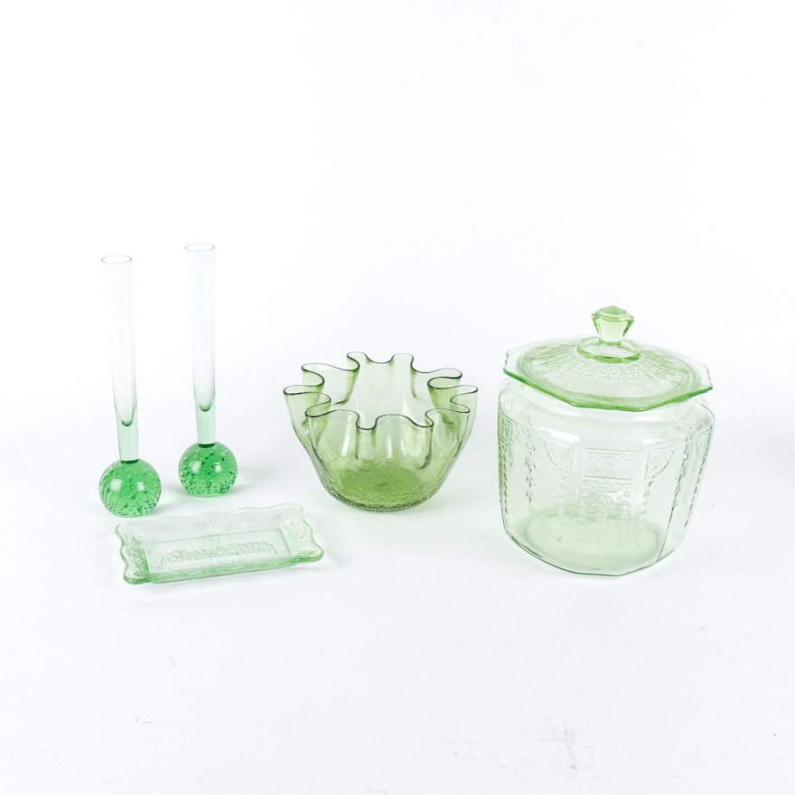 Collection of Vintage Green Depression Glass