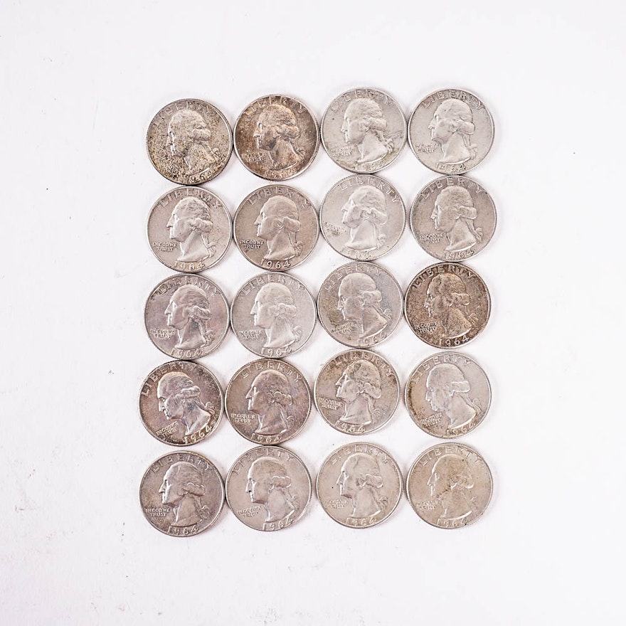 Twenty 1964 Washington Silver Quarters