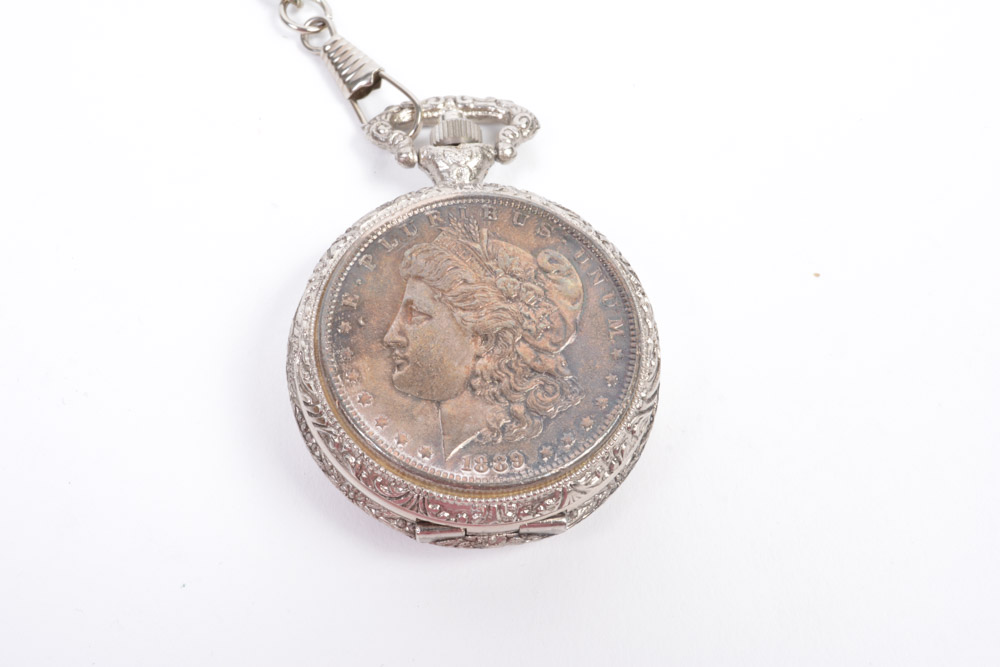 American Historic Society 1889 Morgan Silver Dollar Pocket Watch