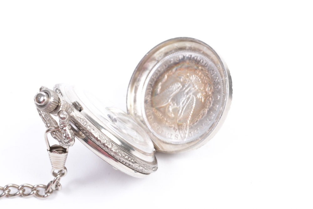 American Historic Society 1889 Morgan Silver Dollar Pocket Watch