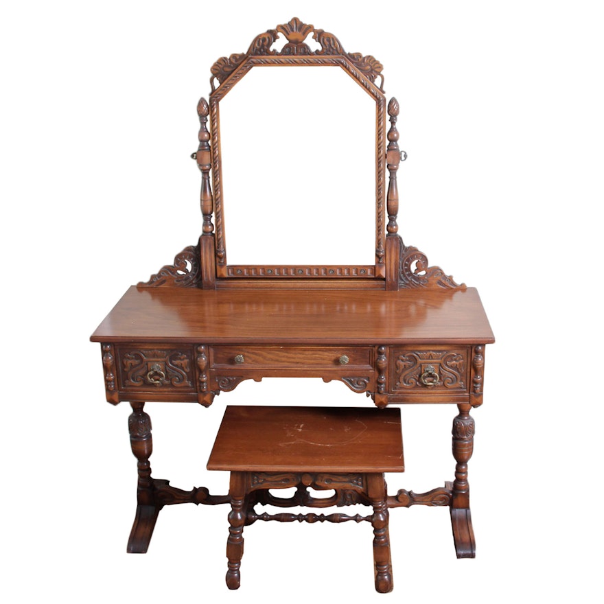 Early 20th Century Jacobean Style Vanity and Stool by Rockford