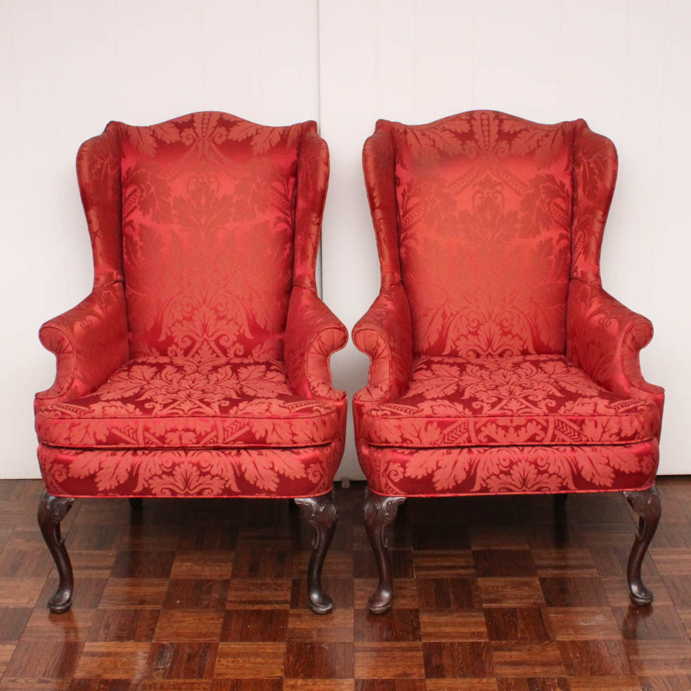 Vintage Brocade Silk Wingback Chairs