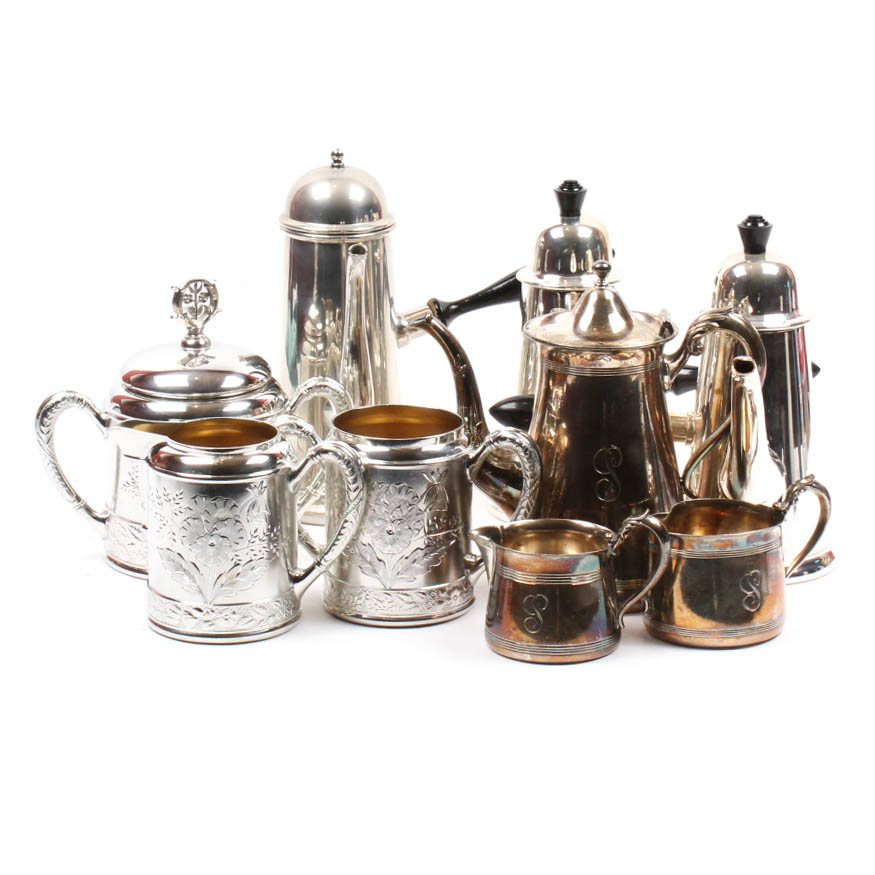 Vintage Silver Plate and Pewter Coffee and Tea Service Assortment