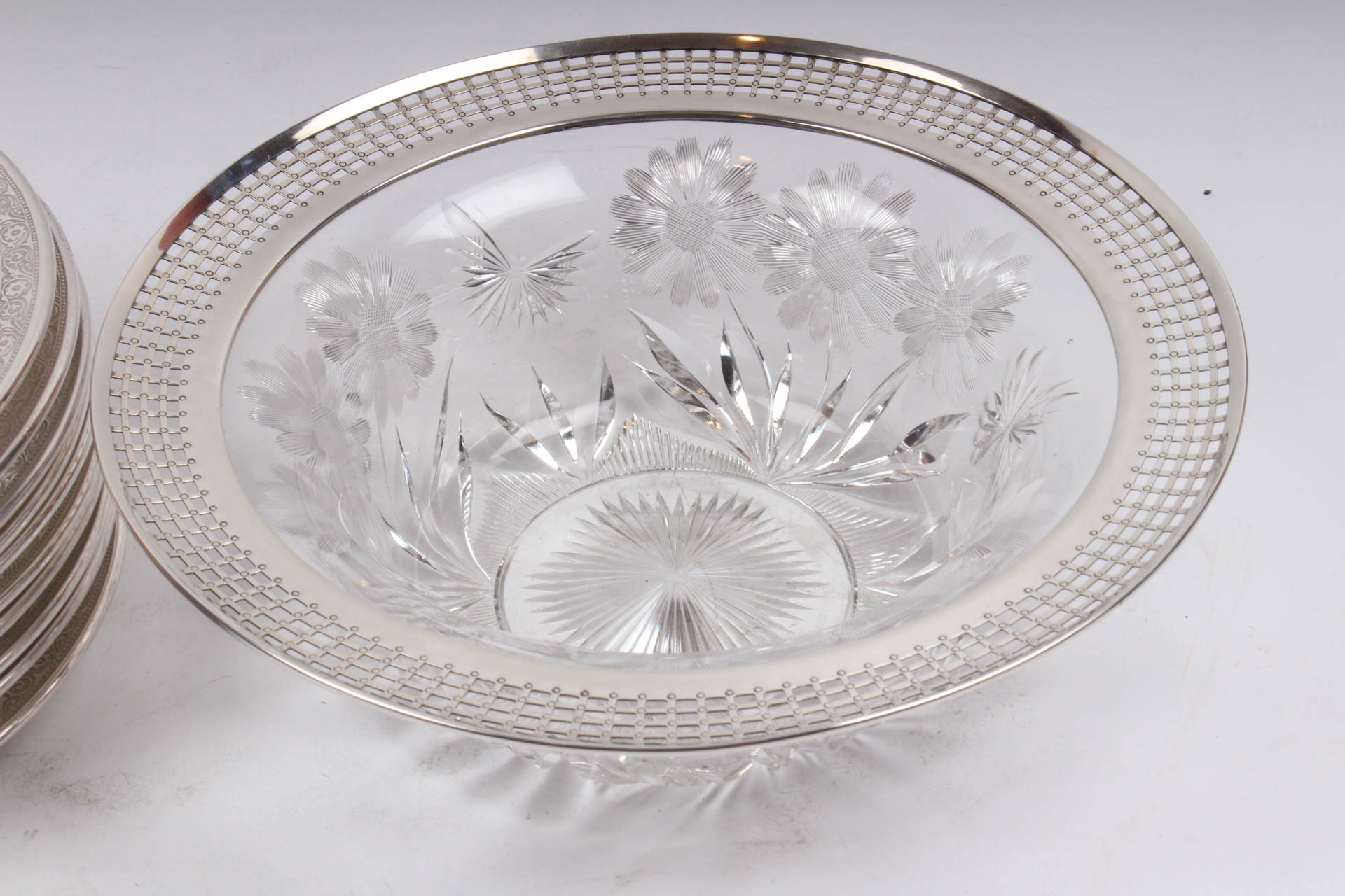 Vintage Silver Plate and Cut Glass Bowl and Plates