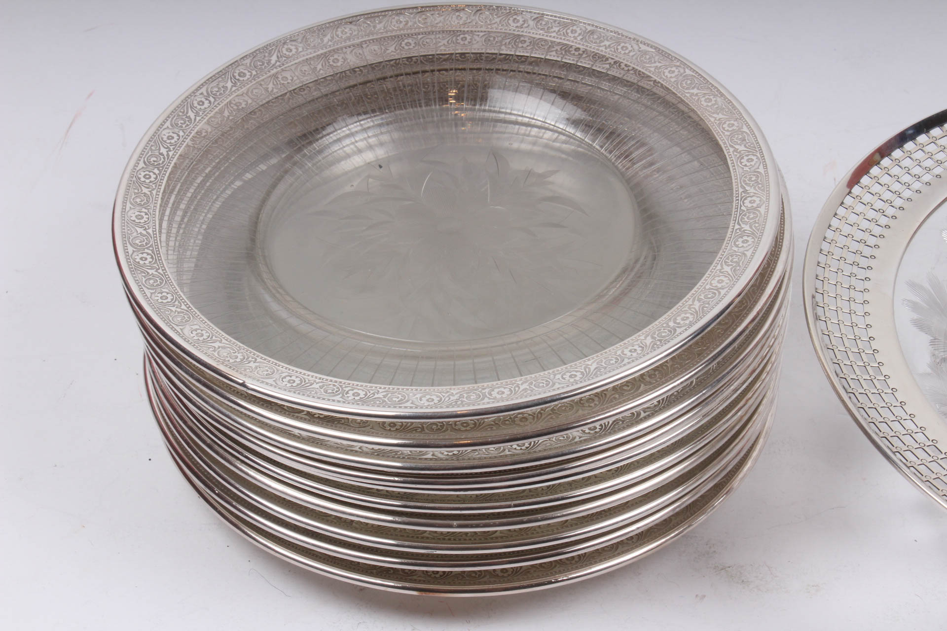 Vintage Silver Plate and Cut Glass Bowl and Plates