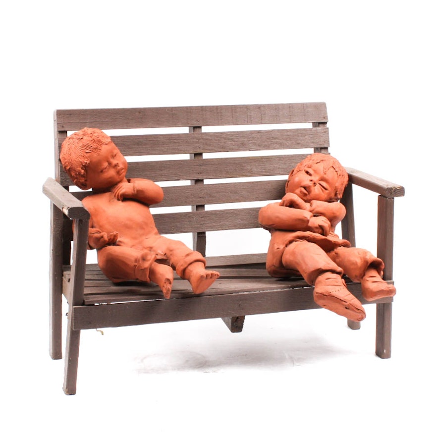 Ann Entis Children on a Bench Terracotta Sculptures