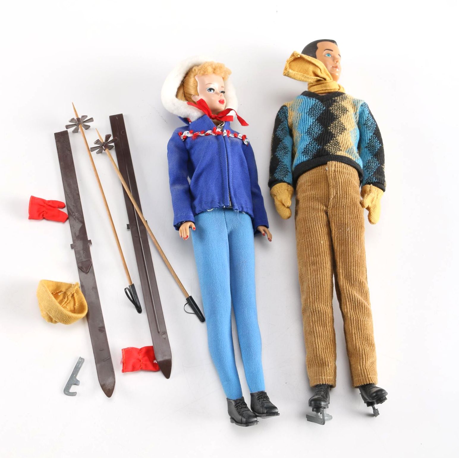 1960 Ponytail Barbie in "Ski Queen" and 1962 Ken Doll in "Fun on the Ice"