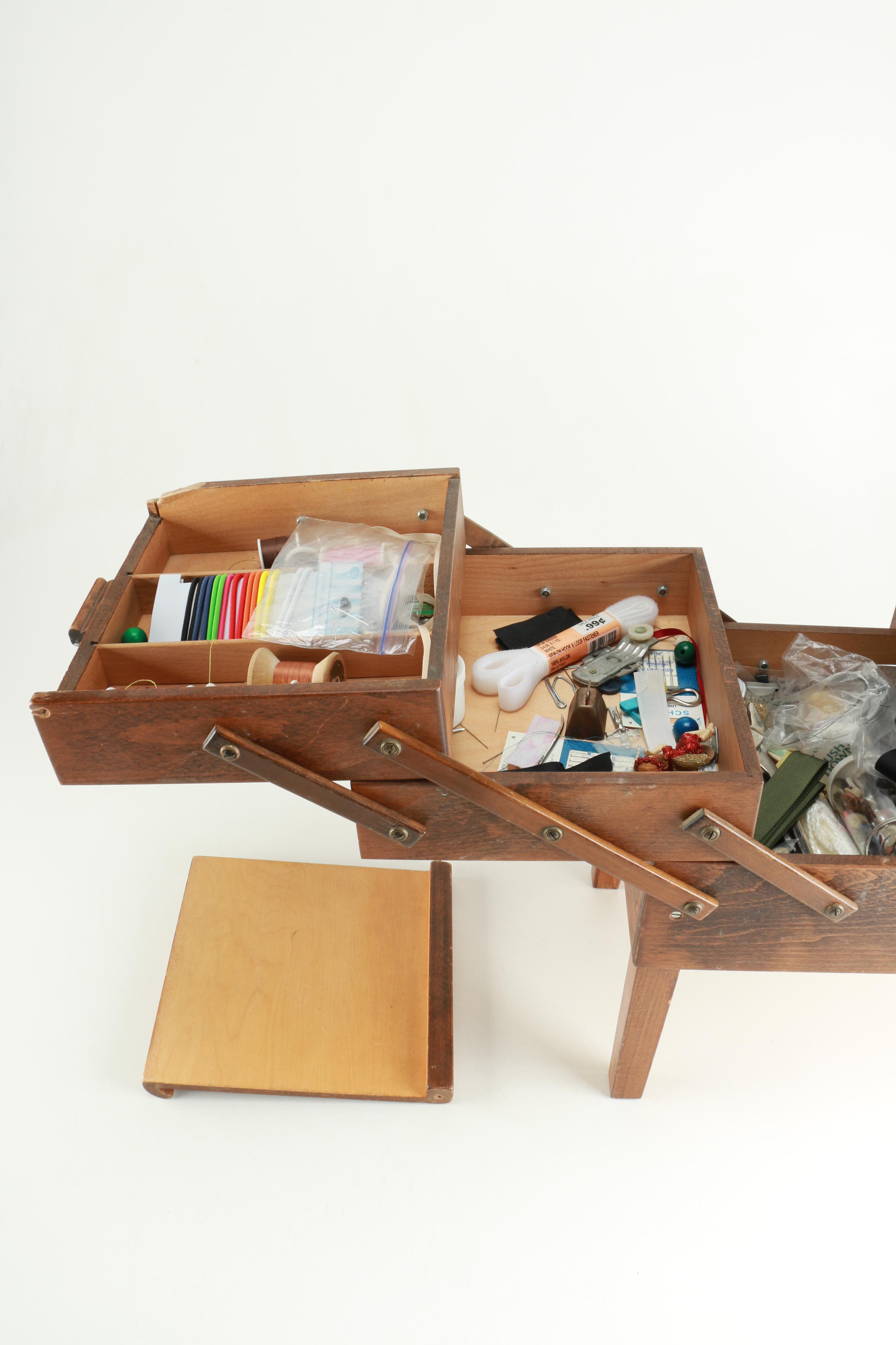 Elna "Lotus SP' Sewing Machine and Accordion Case Filled with Sewing Supplies