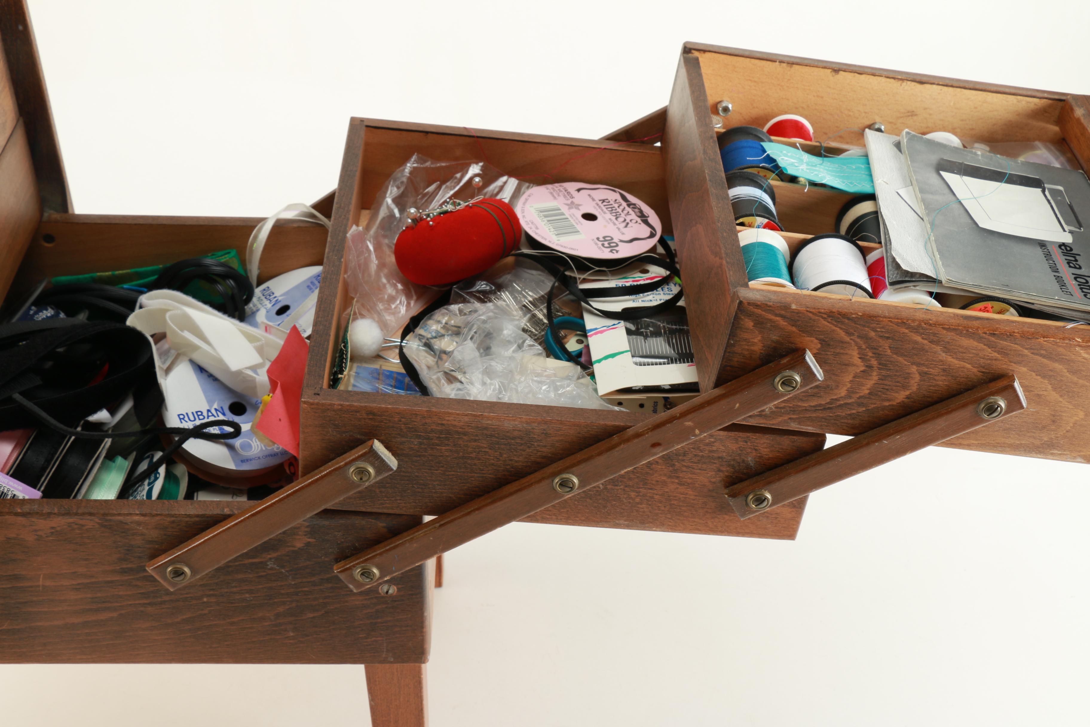 Elna "Lotus SP' Sewing Machine and Accordion Case Filled with Sewing Supplies