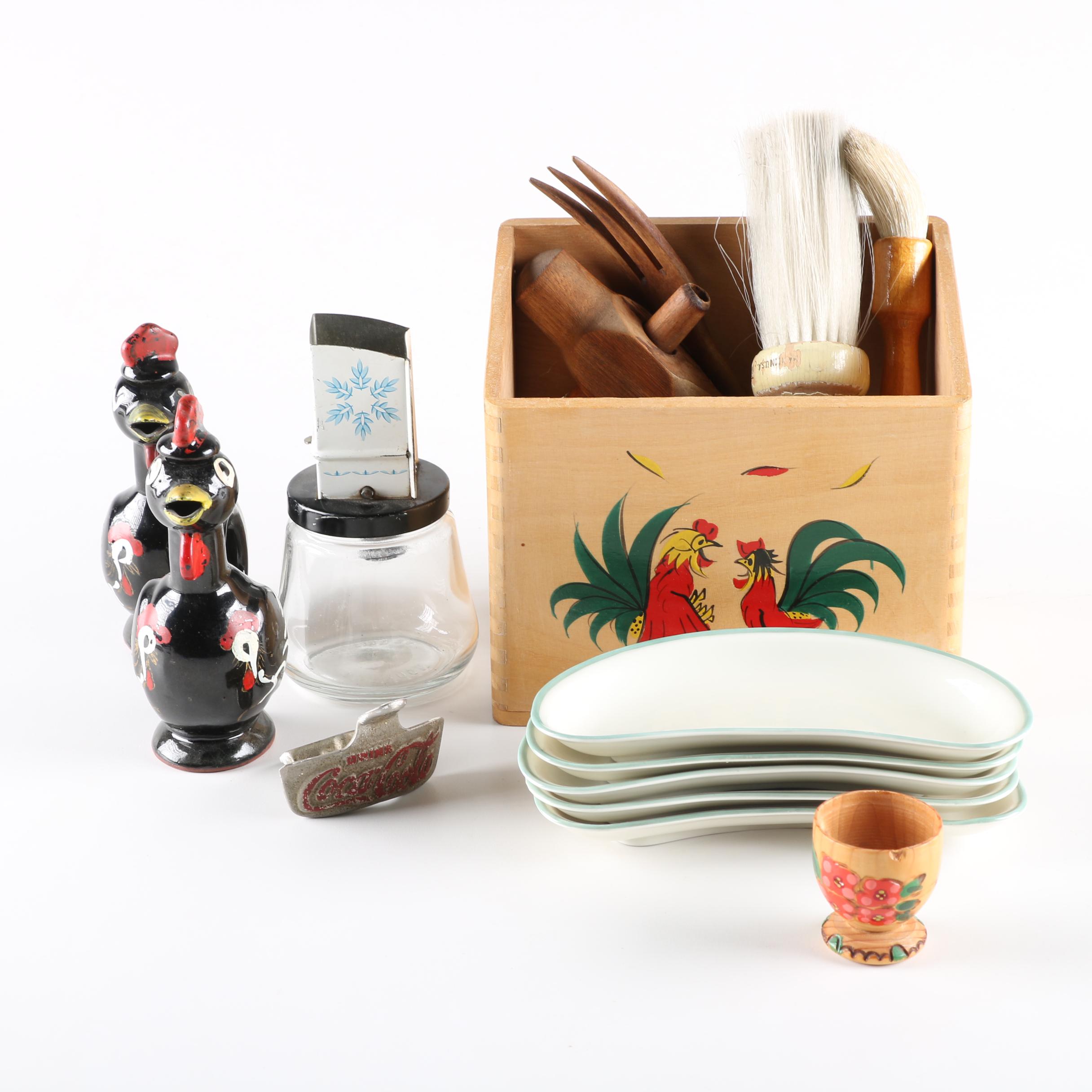 Collection of Kitchenware With Ceramic Cruets and Vintage Ice Crusher