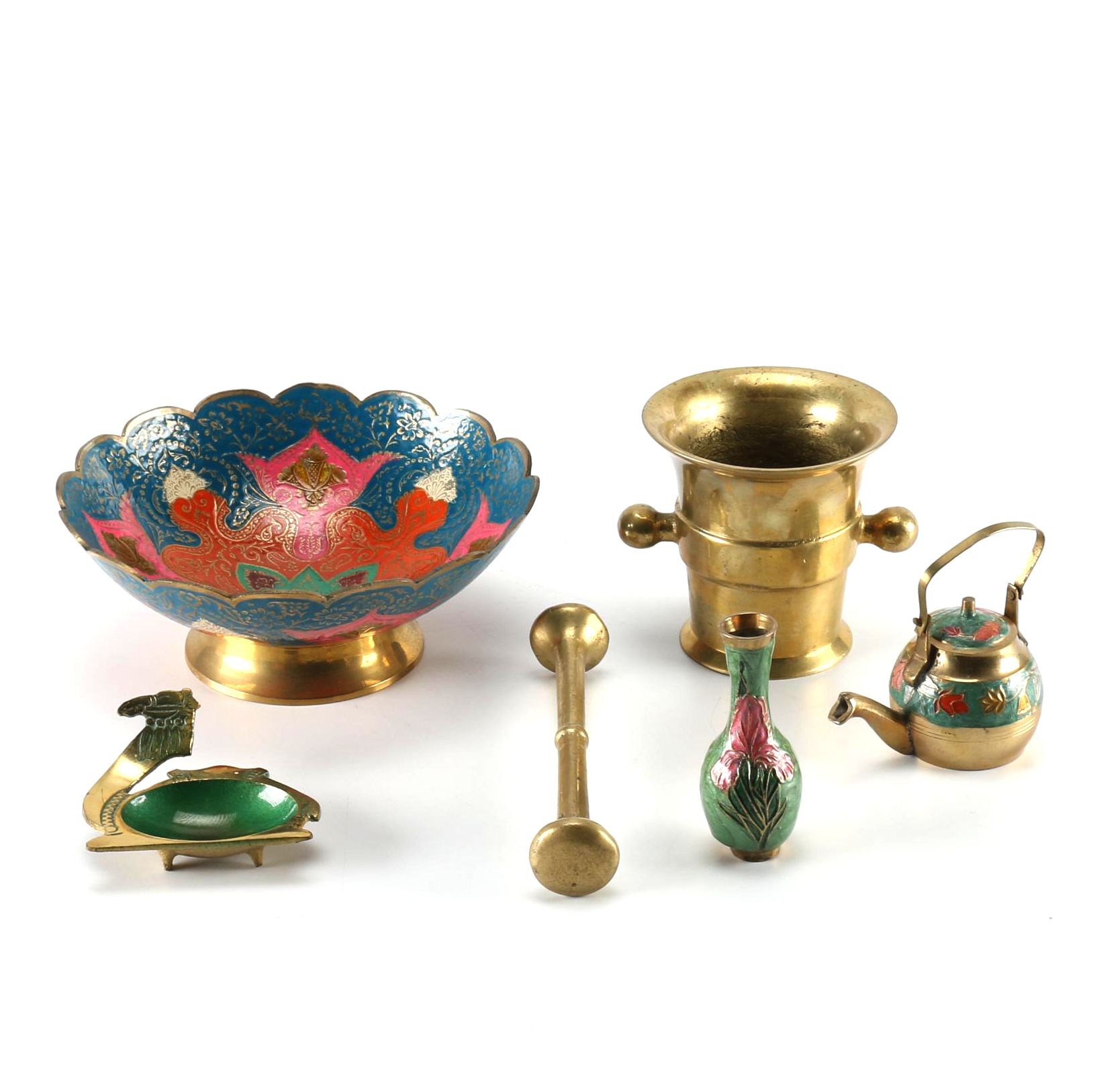 Ornate Enameled Brass Bowl and Assorted Highly Decorated Brass Items