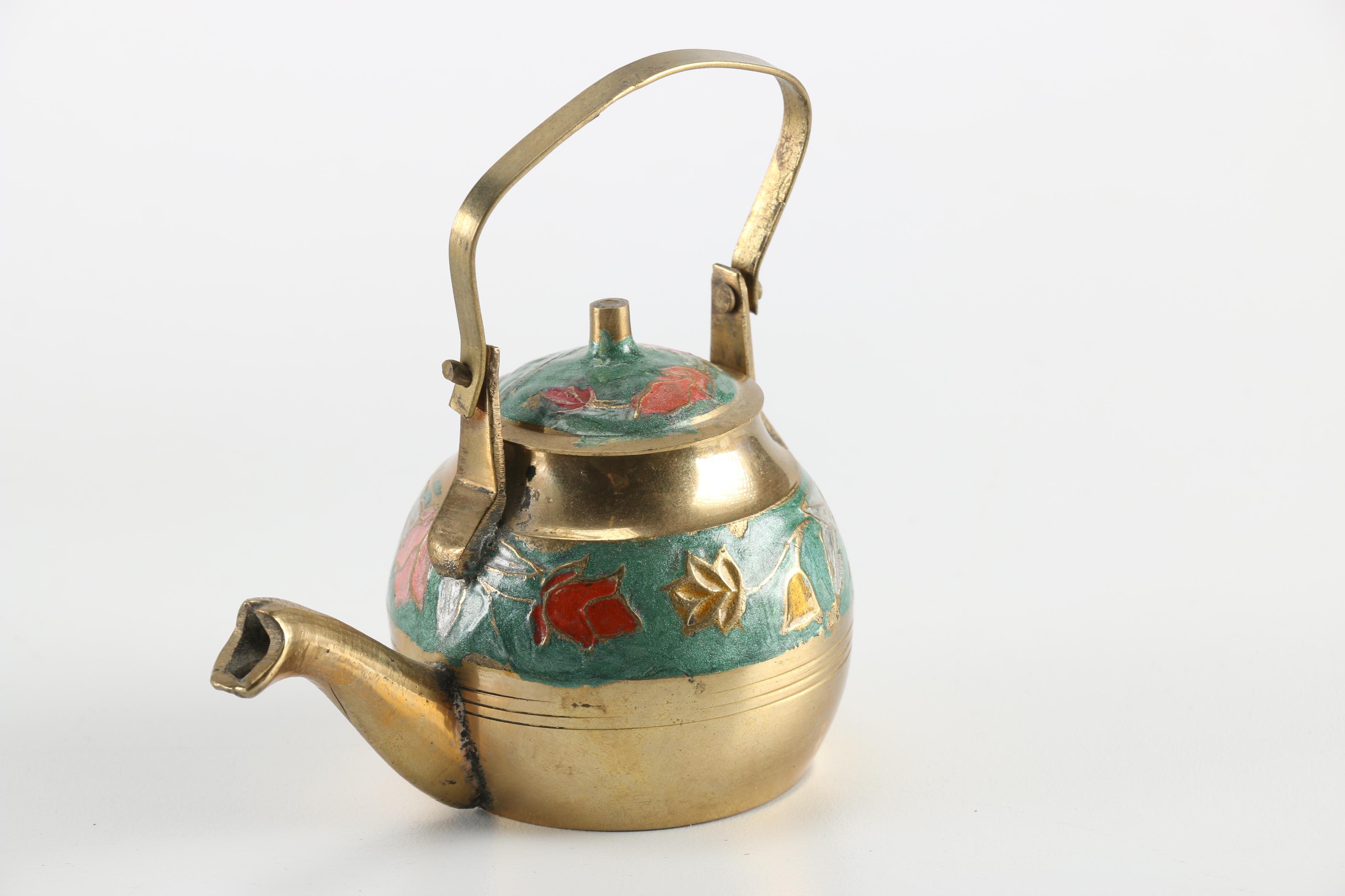 Ornate Enameled Brass Bowl and Assorted Highly Decorated Brass Items