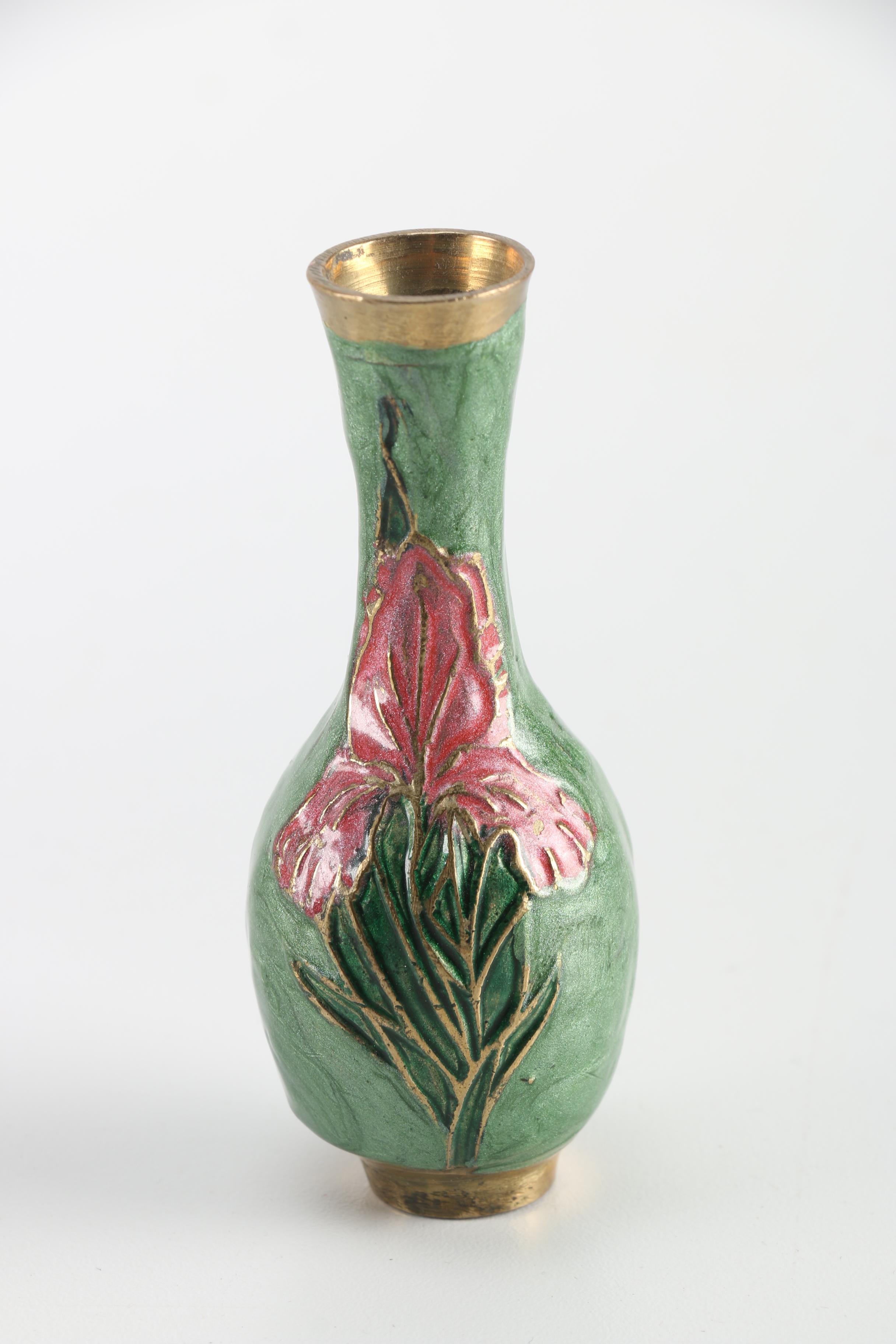 Ornate Enameled Brass Bowl and Assorted Highly Decorated Brass Items