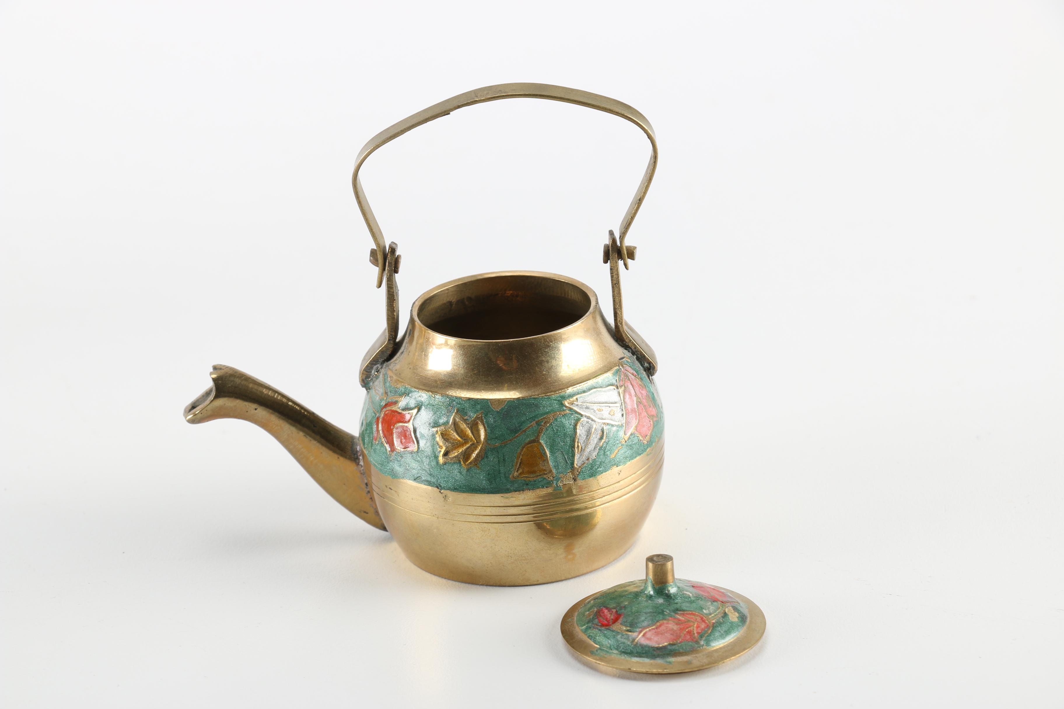 Ornate Enameled Brass Bowl and Assorted Highly Decorated Brass Items