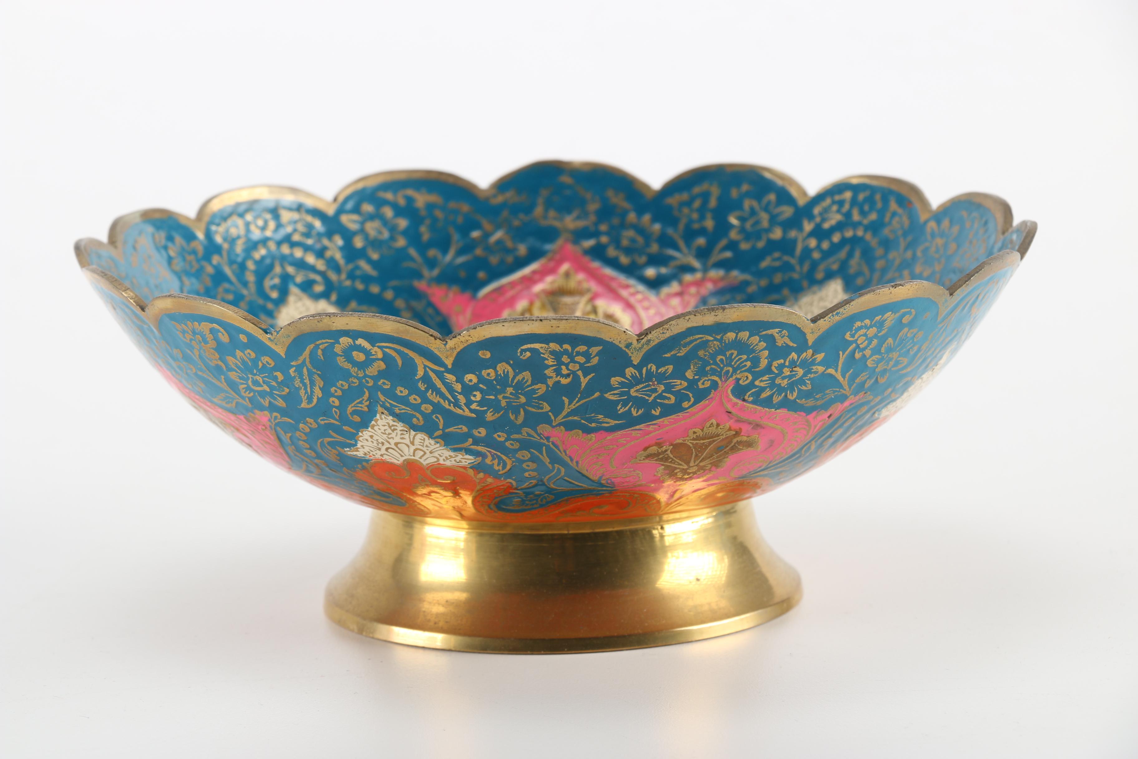 Ornate Enameled Brass Bowl and Assorted Highly Decorated Brass Items
