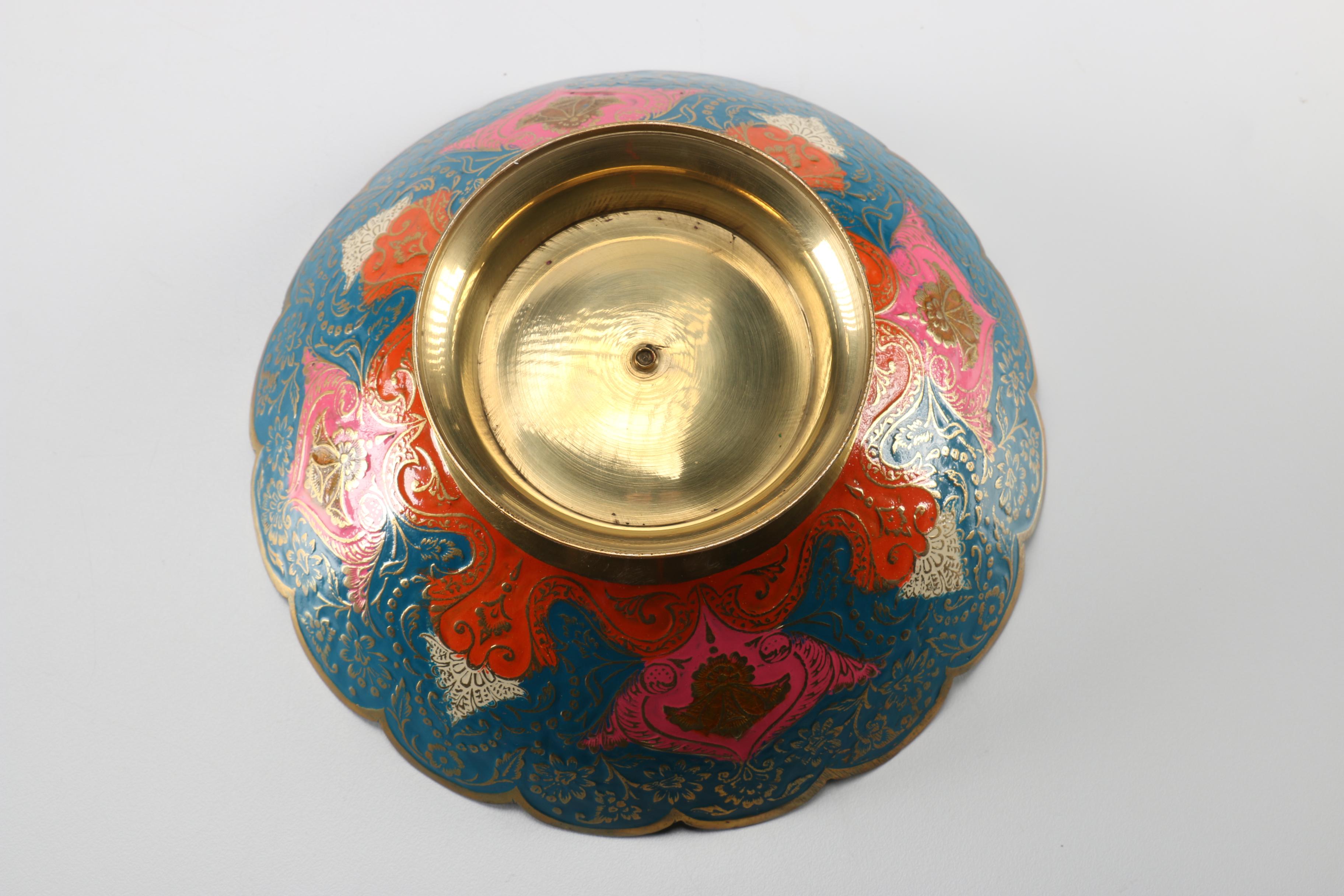 Ornate Enameled Brass Bowl and Assorted Highly Decorated Brass Items