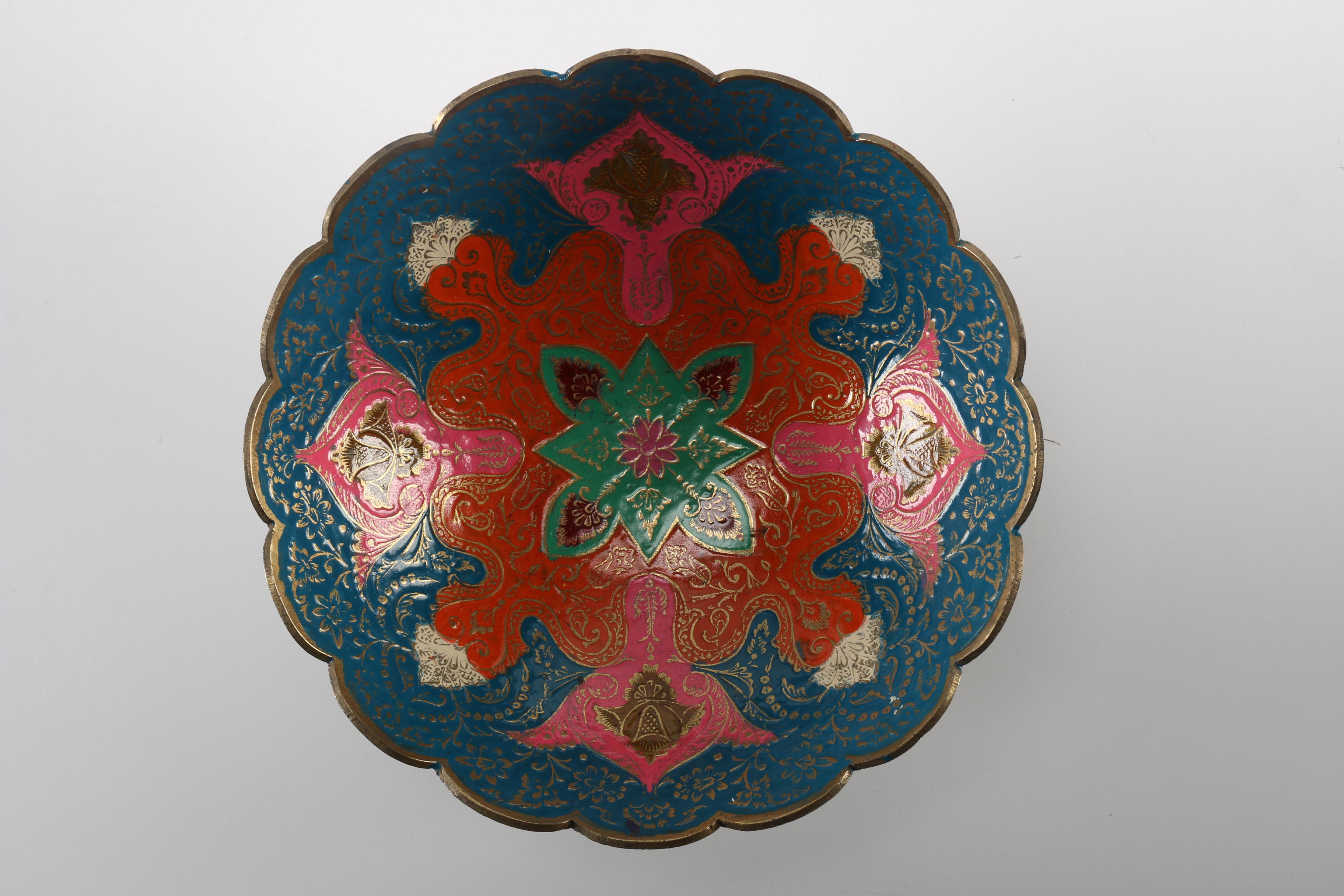 Ornate Enameled Brass Bowl and Assorted Highly Decorated Brass Items