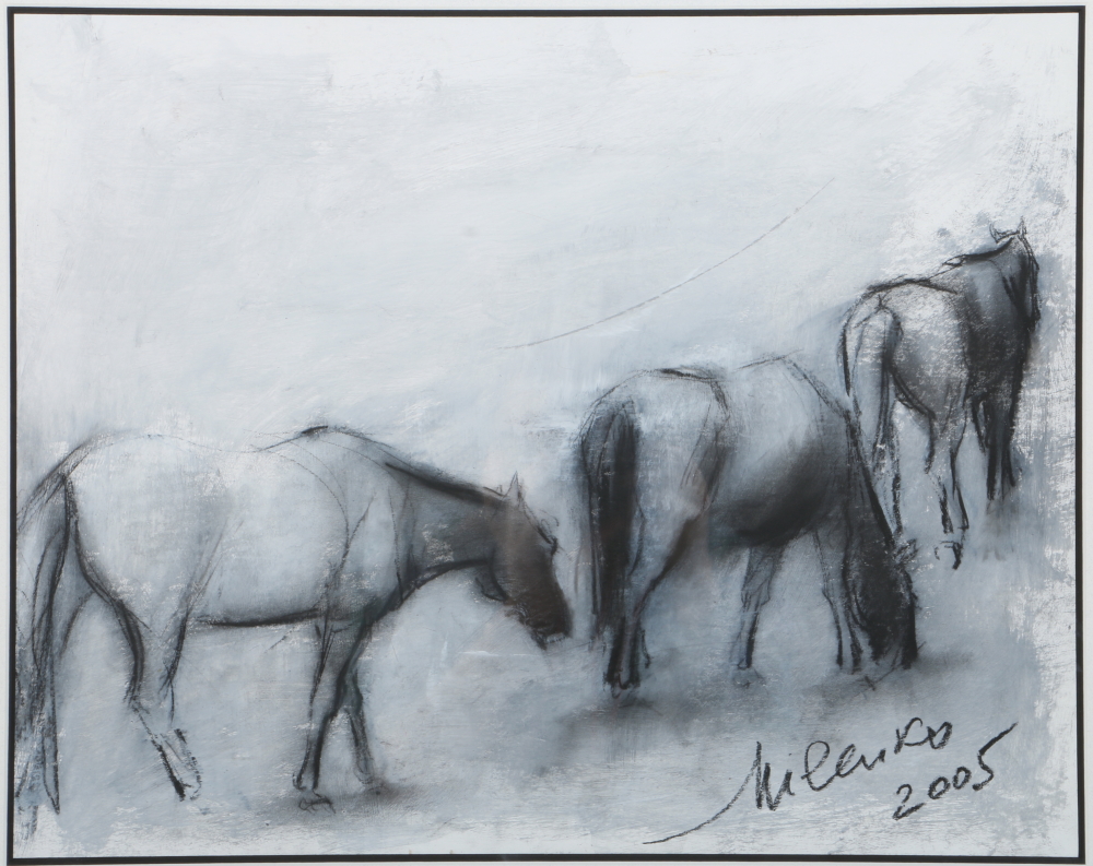 2005 Milenko Katic Original Mixed Media Drawing of Horses