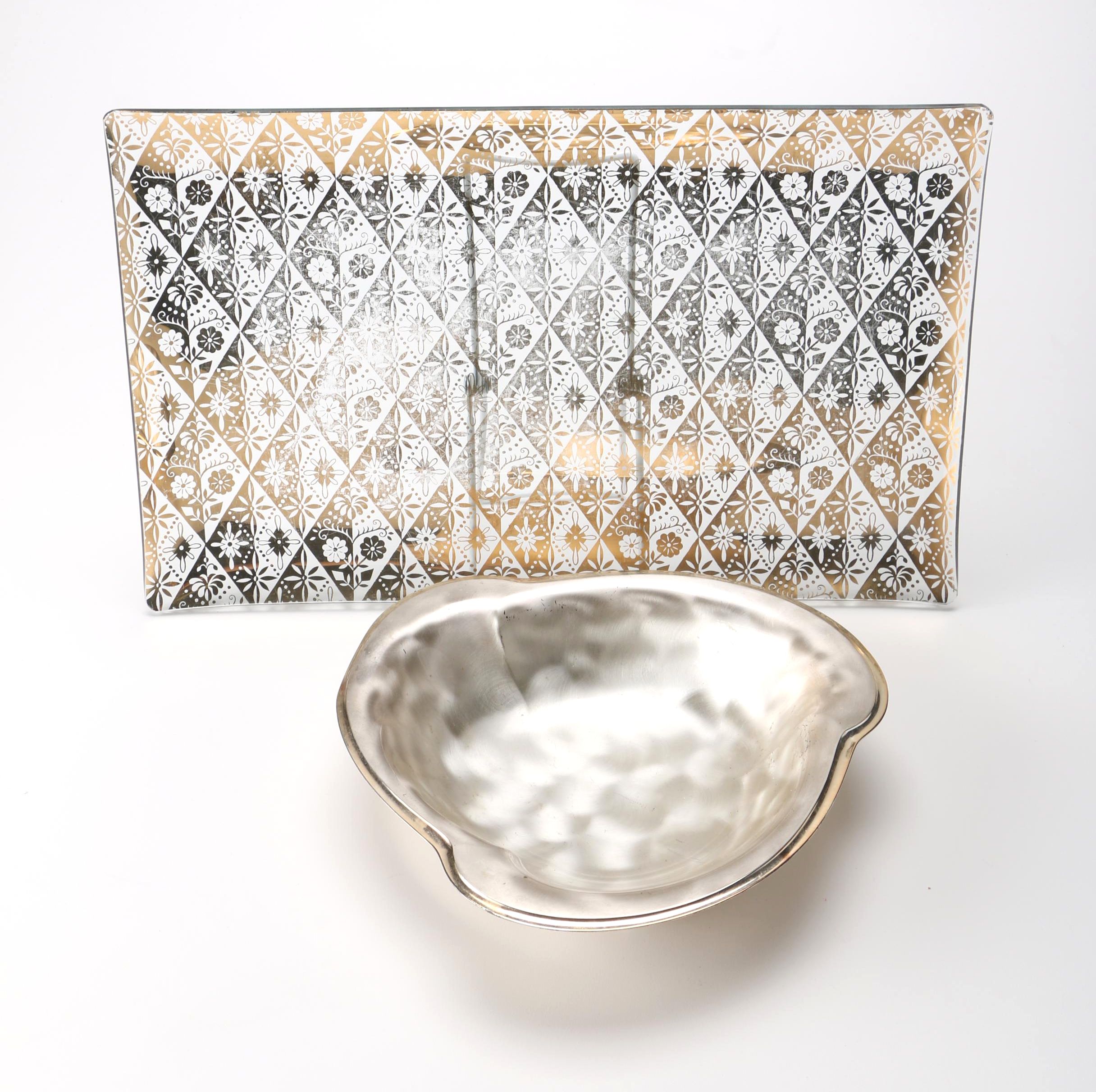 WMF "Ikora" Art Deco Silver Plate Bowl and Foiled Glass Tray