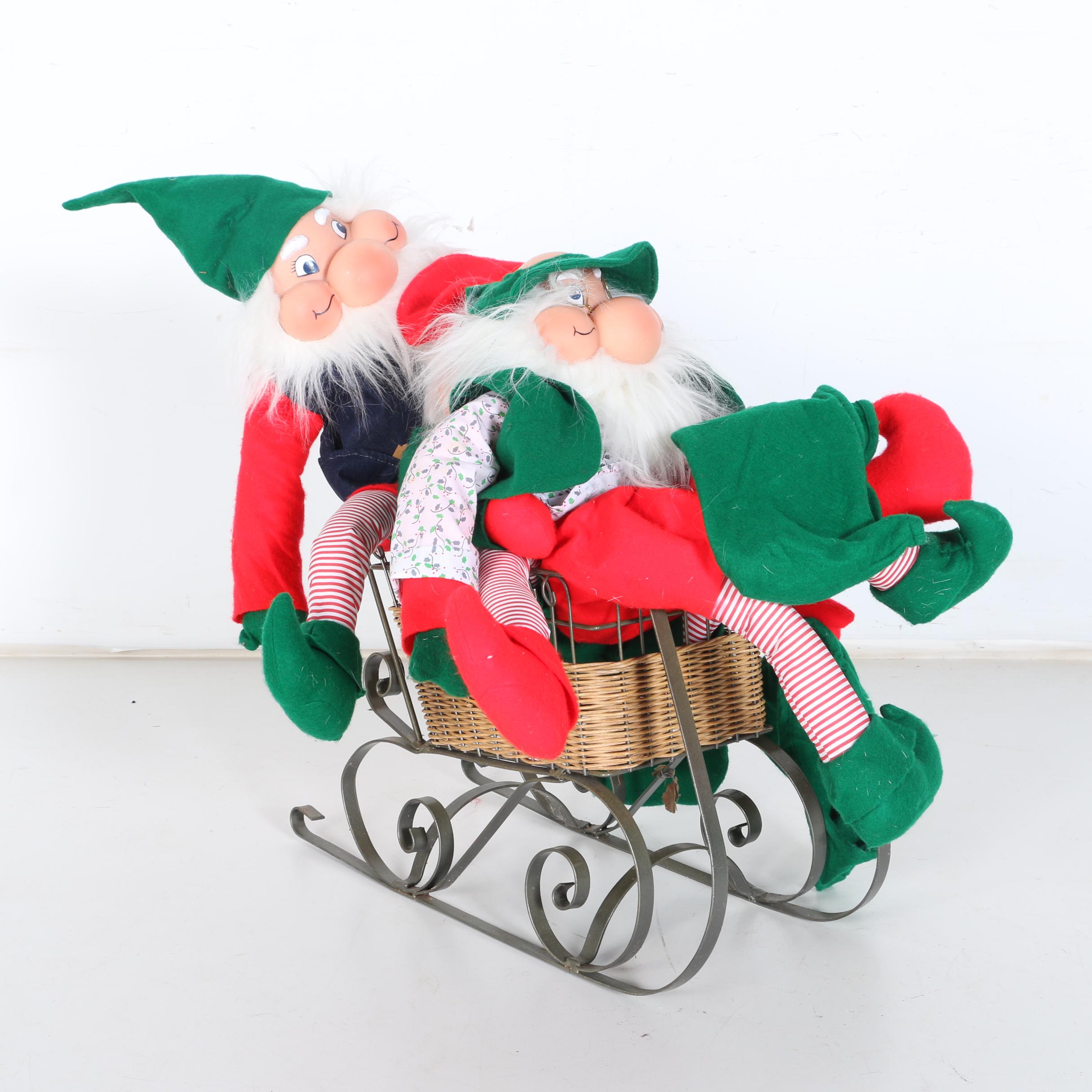 Stuffed Elves in a Wicker Sleigh