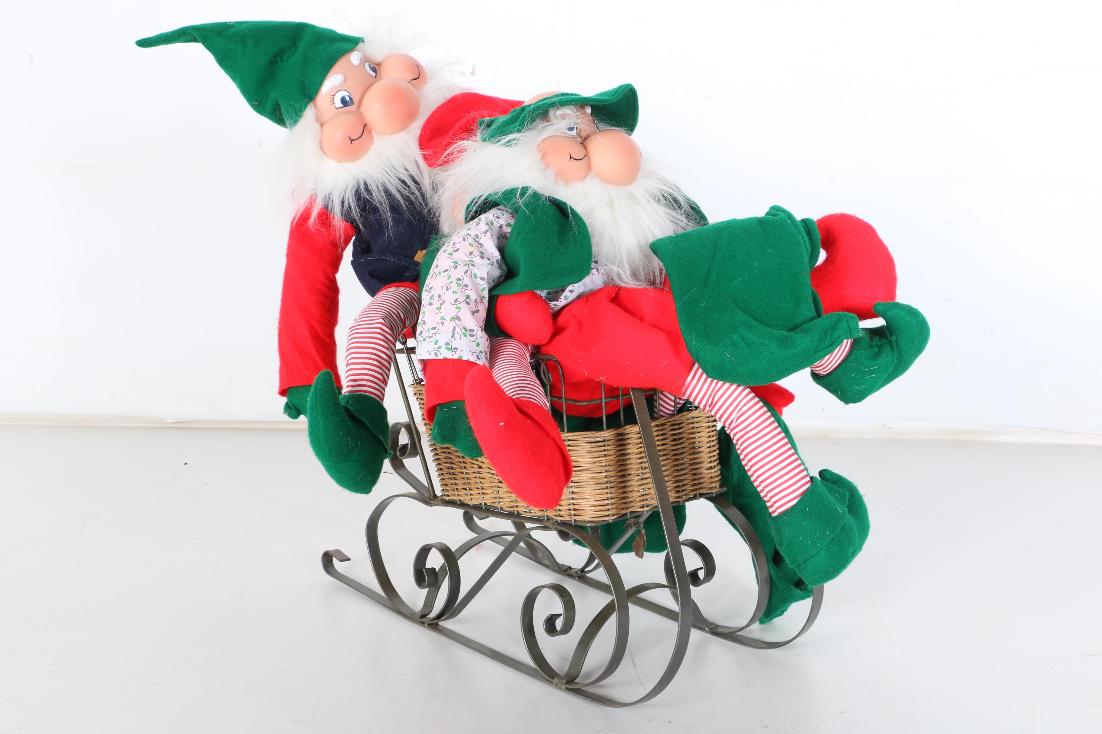 Stuffed Elves in a Wicker Sleigh