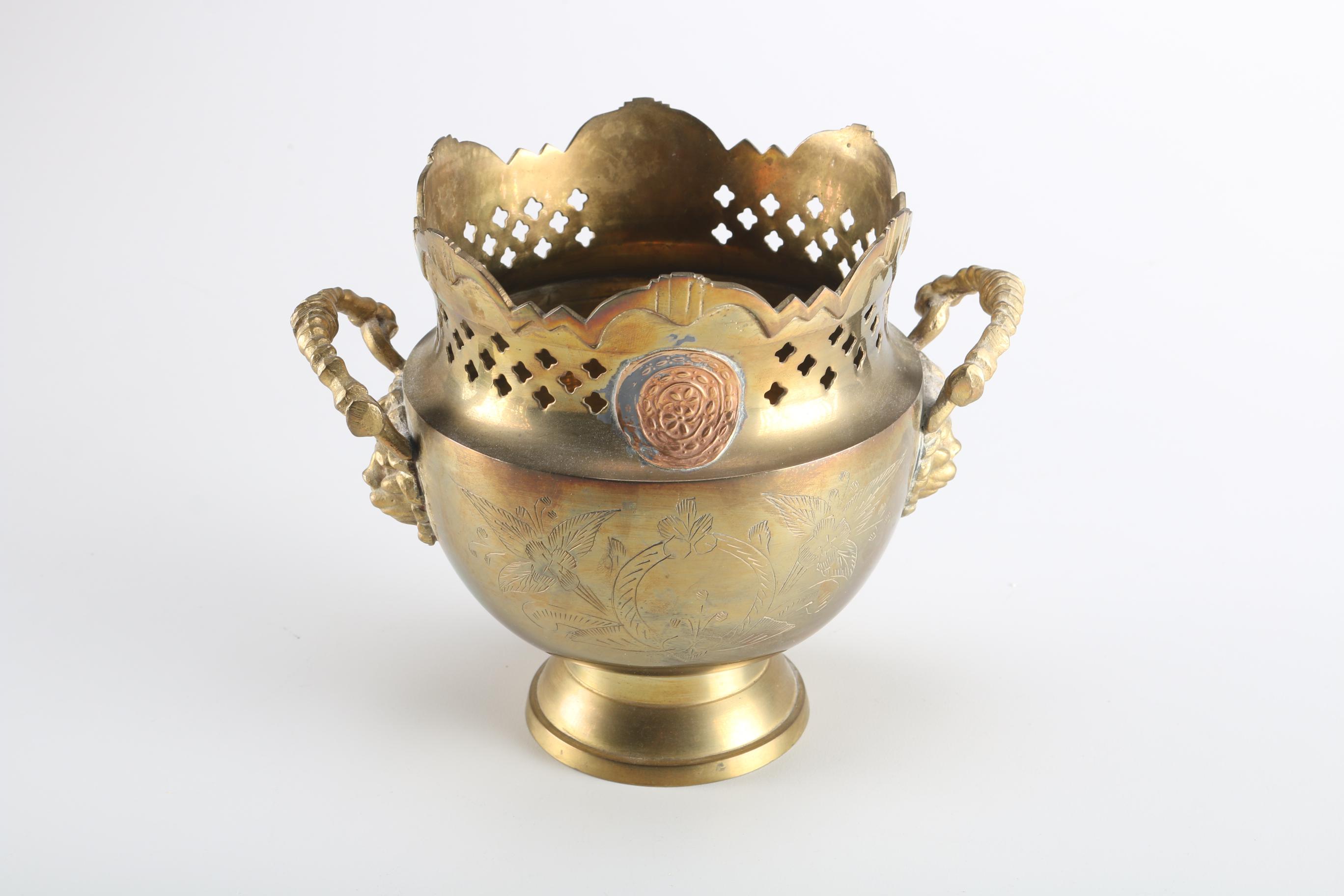 Indian Brass Urn With Pierced Rim