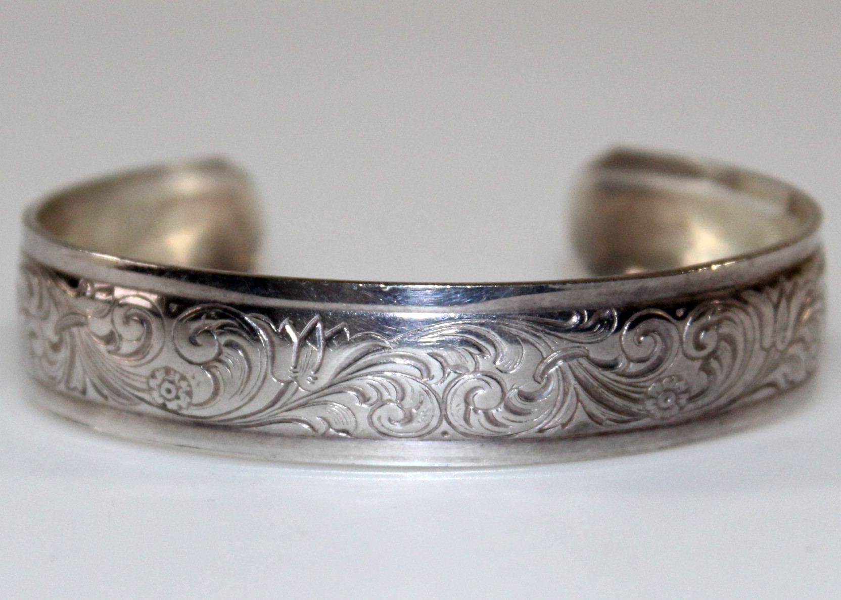 Sterling Silver Cuff Bracelet with Floral Engraving