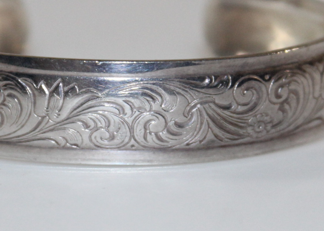 Sterling Silver Cuff Bracelet with Floral Engraving