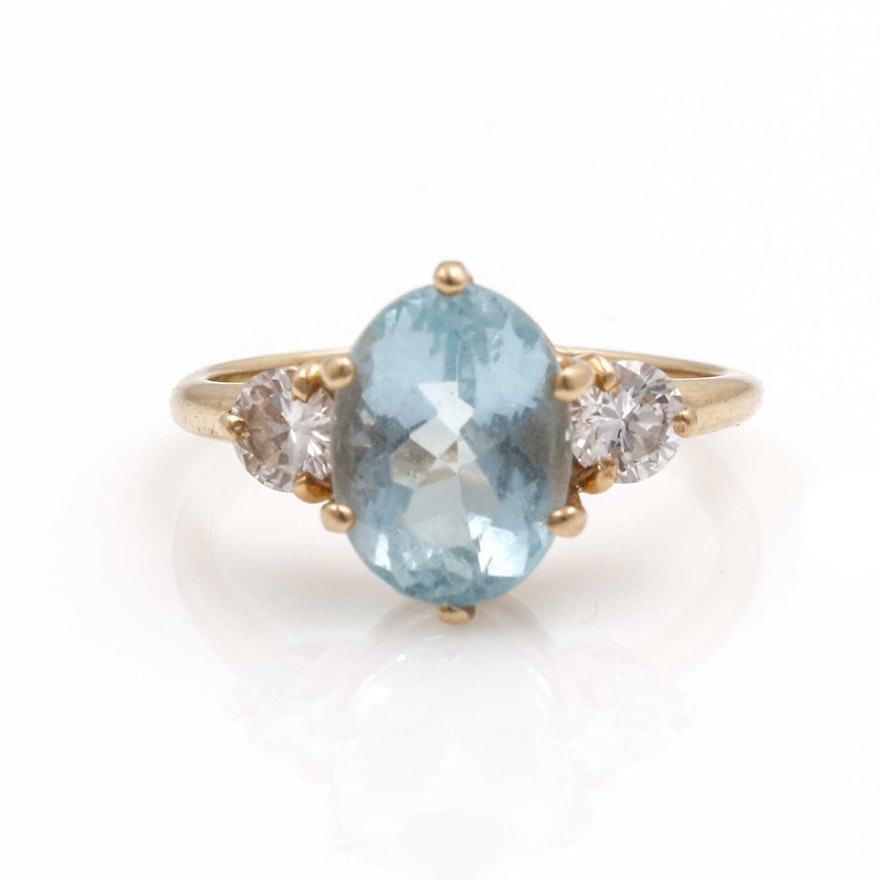 14K Yellow Gold Aquamarine and Diamond Ring