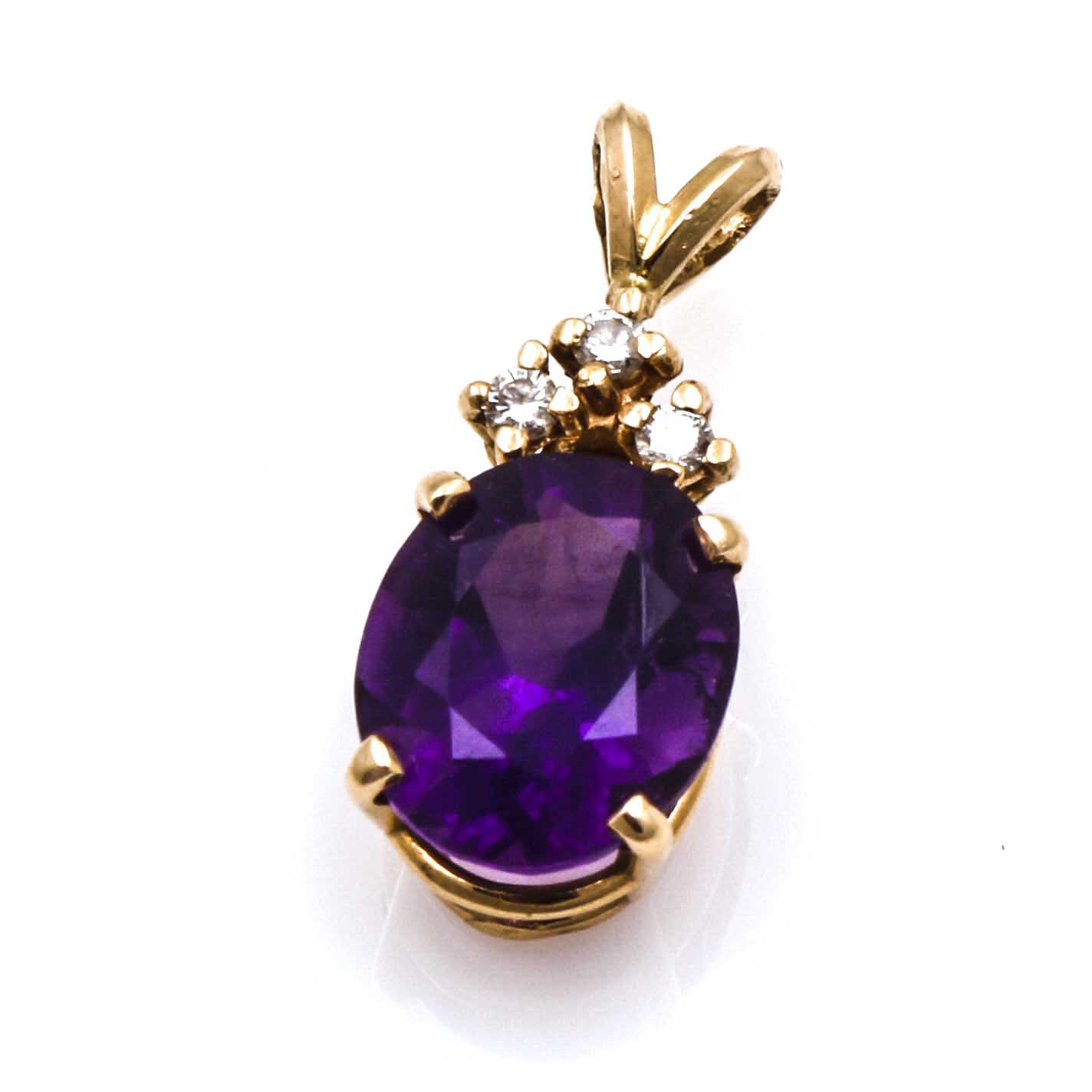 14K Yellow Gold Amethyst and Diamond Pendant