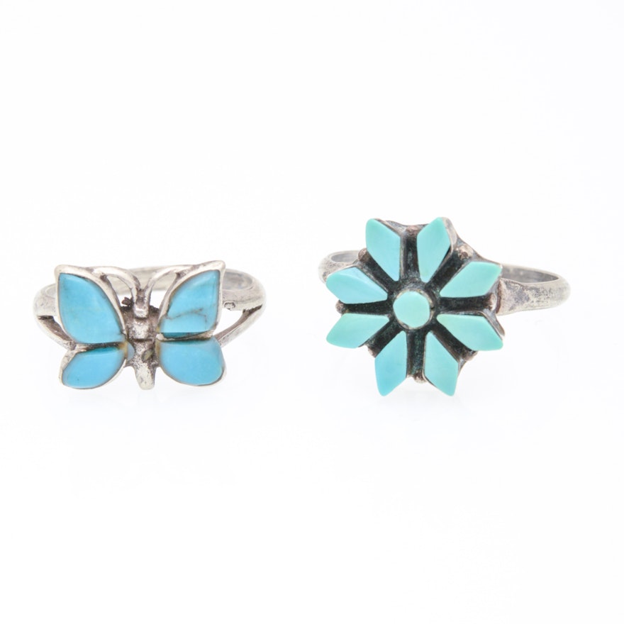 Pair of Sterling Silver Natural Turquoise Rings