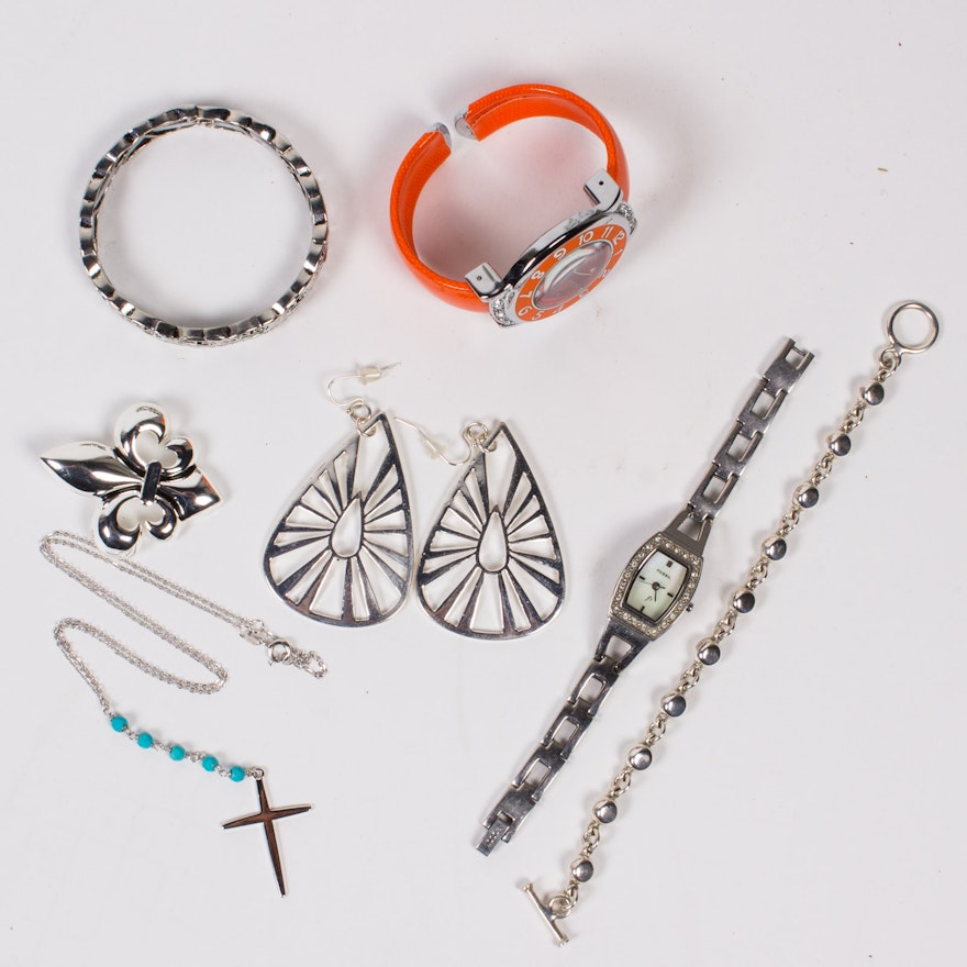 Assorted Watches, Sterling Silver Bracelet and Cross Pendant Necklace