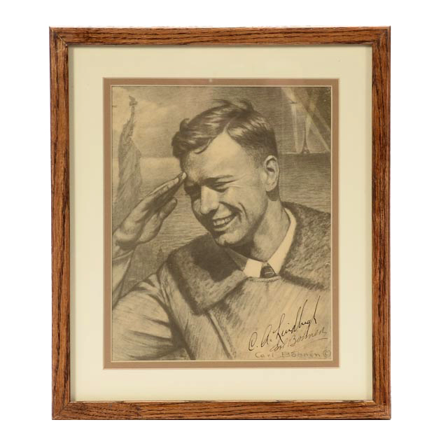 Charles Lindbergh Signed Offset Lithograph Portrait by Carl Bohne