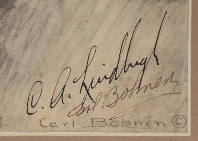 Charles Lindbergh Signed Offset Lithograph Portrait by Carl Bohne