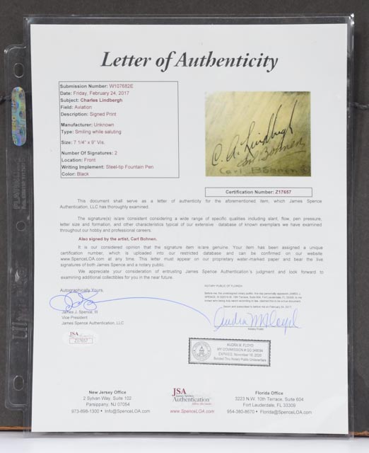 Charles Lindbergh Signed Offset Lithograph Portrait by Carl Bohne